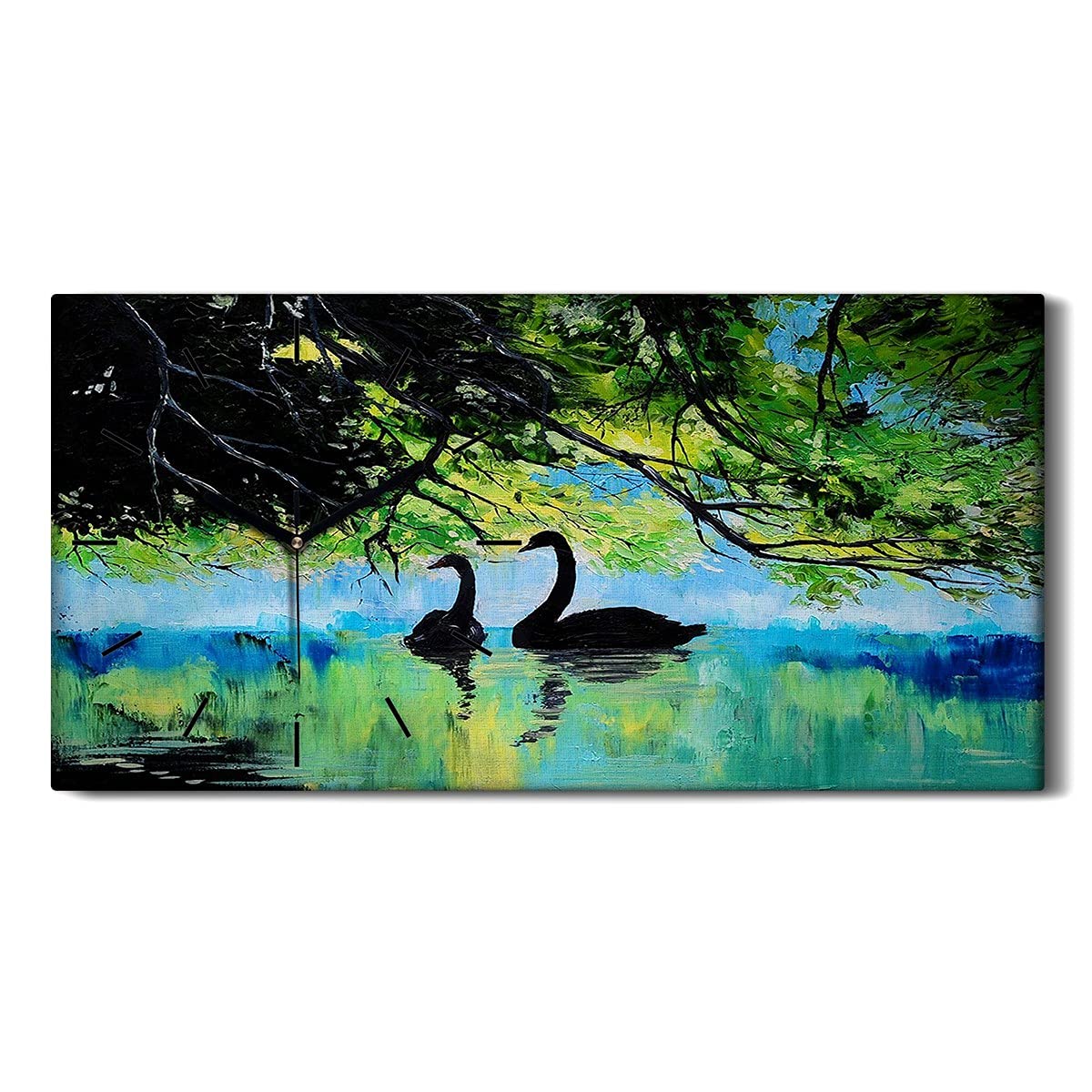 Horloge sur toile silencieuse sans tic-tac 60x30cm avec cygnes pour dormir apaisé