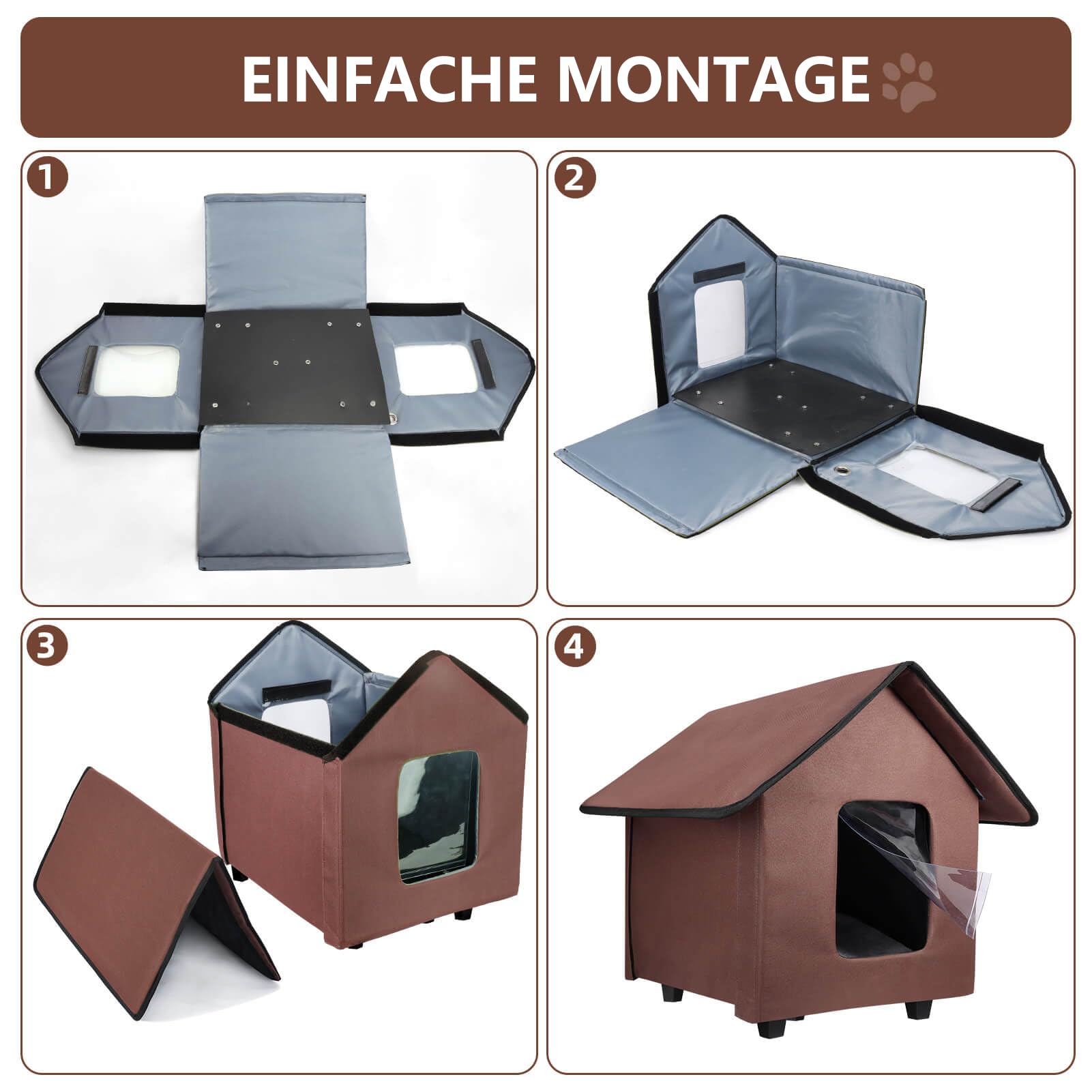 Caseta para gatos al aire libre, impermeable, con suelo elevado y cojín extraíble, plegable, para exteriores, casa de invierno para gatos salvajes y perros pequeños, color marrón