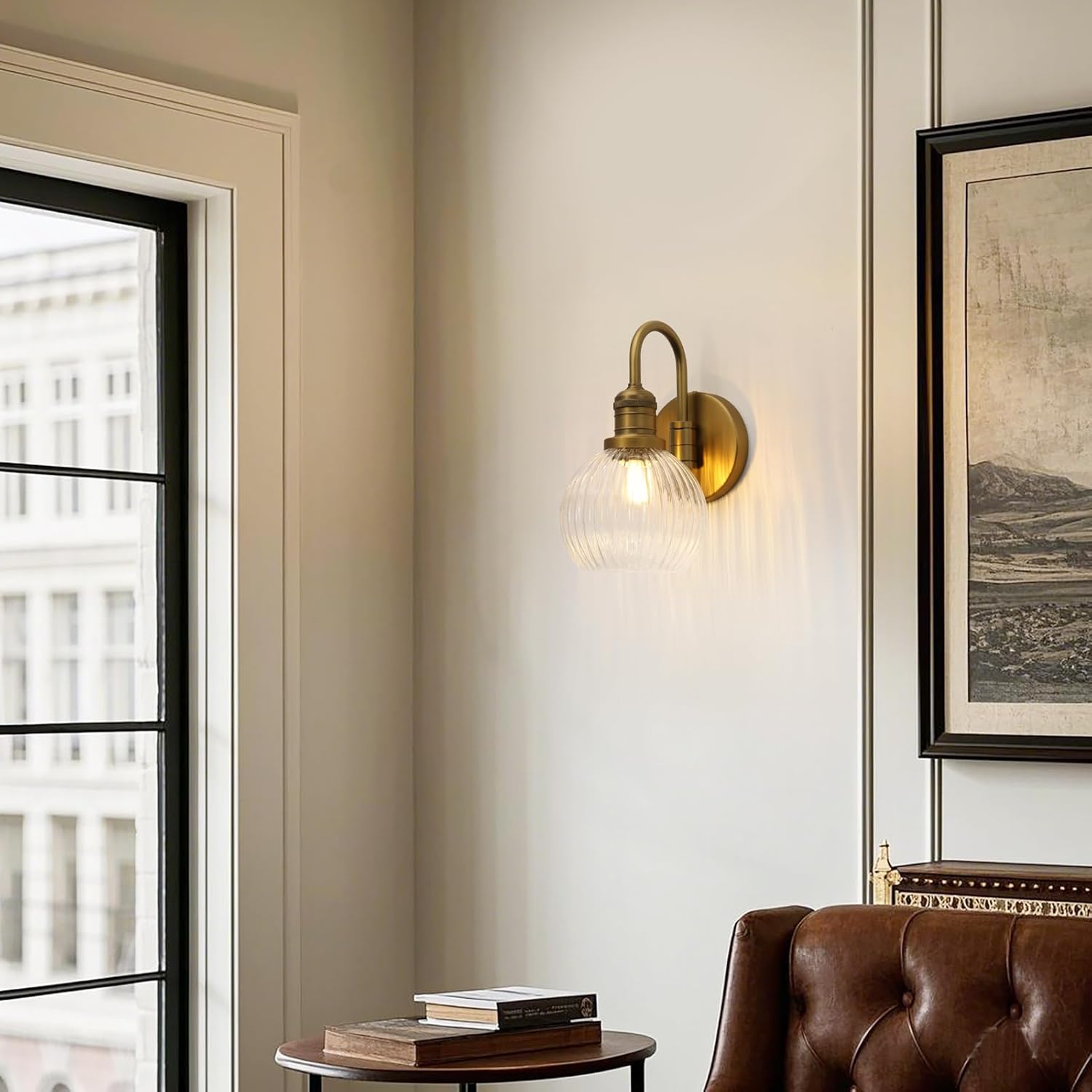 Yosoan Aged Brass Gold Boho Vintage Bathroom Wall Sconce with Striped Shade, 1-Light Indoor Hardwired Vanity Wall Mounted Fixture with Round Glass Lamp for Bedroom Mirror Living Room(Antique)