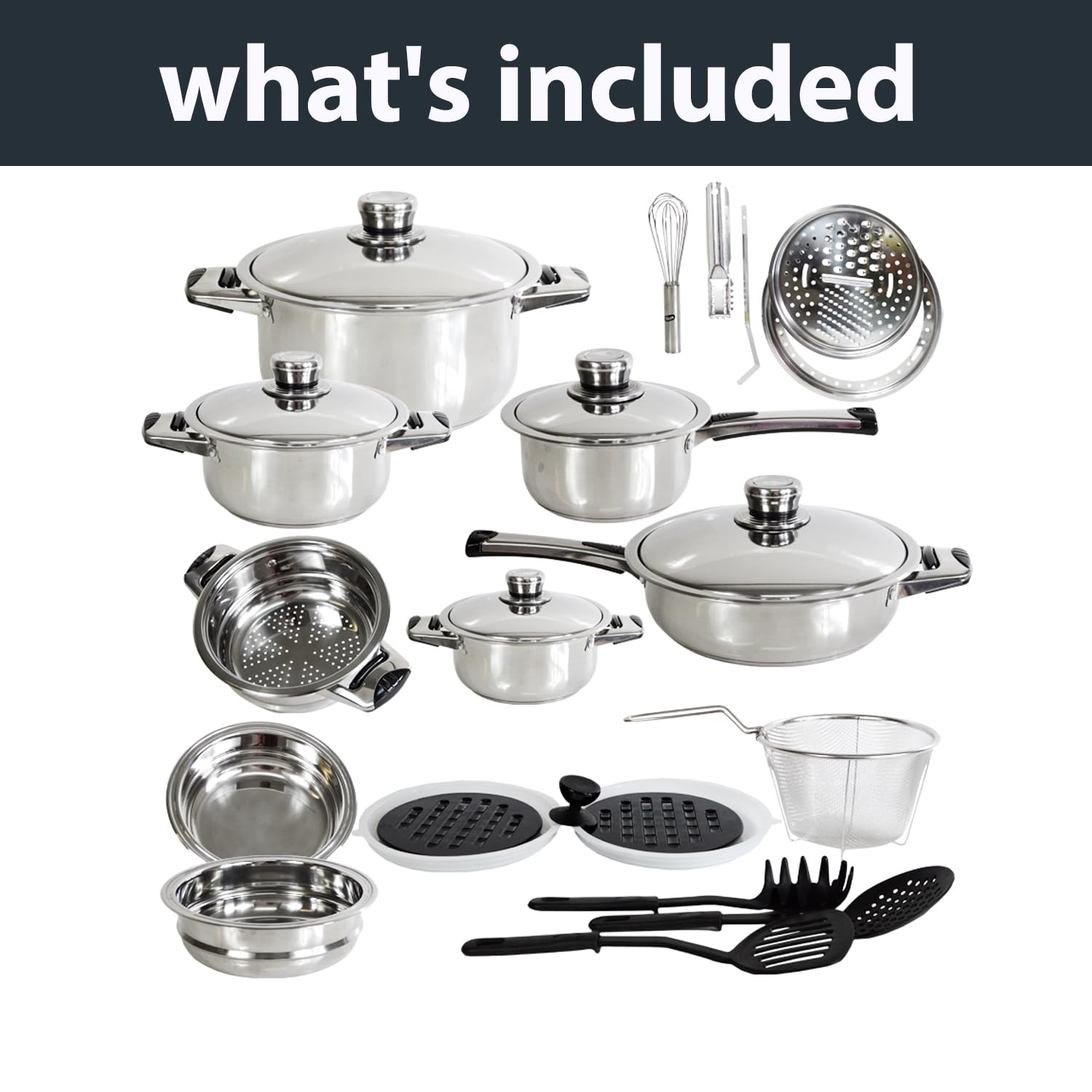 Bon Voyage - 27 Pieces stainless steel cookware Heavy Bottom Pots