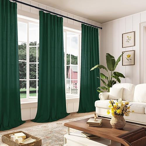 Miniatura 4 de Mrs.Naturall Cortinas transparentes verde esmeralda oscuro, cortinas de lino verde bosque para sala de estar, 63 pulgadas de largo, cortinas verdes