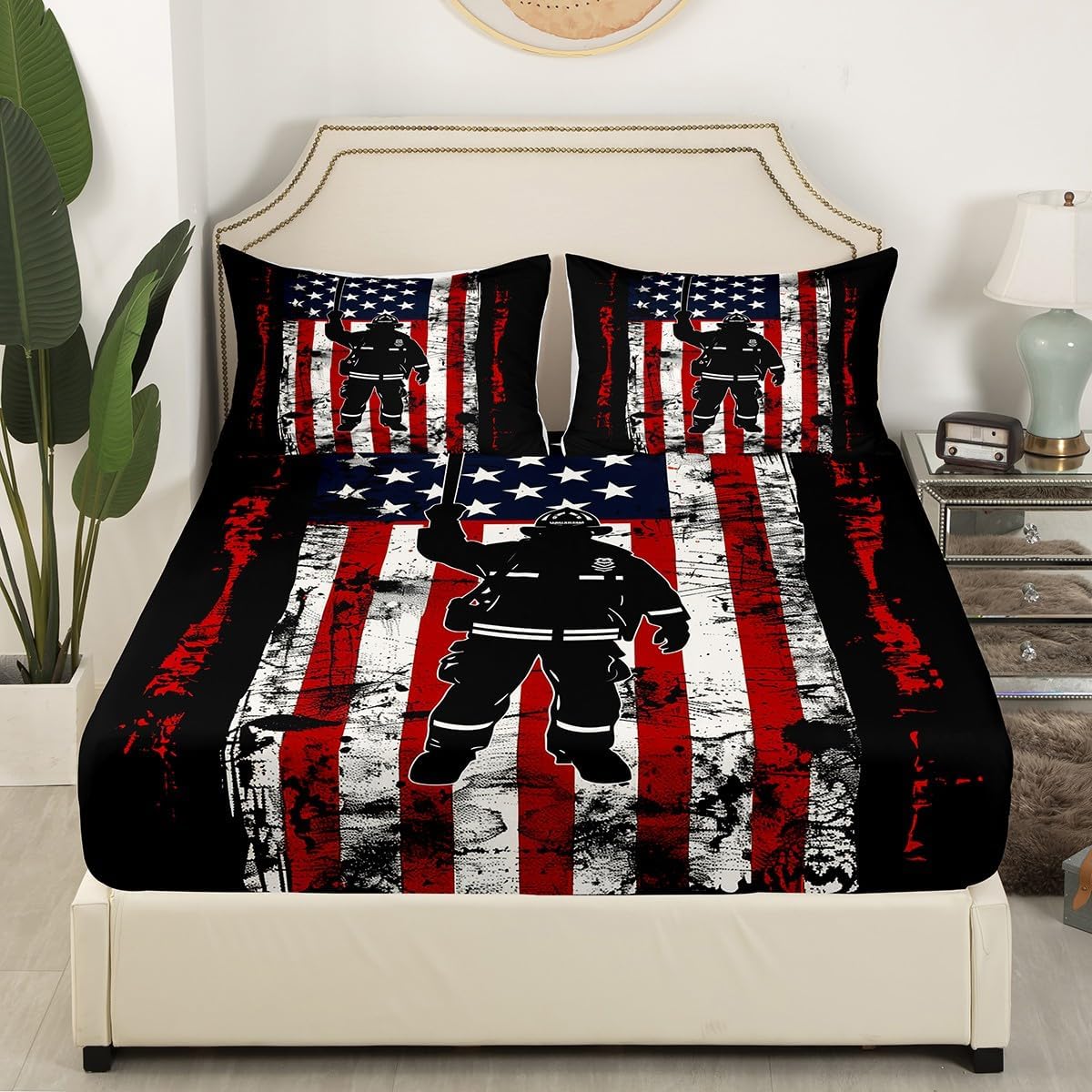 Firefight Bed Sheets Queen,Gift for Firefighter,American Flag Sheet Set for Man Youth,Grunge Smogy Geometric Striped Bedding Set,Fireman Fitted Sheet + Flat Sheet + 2 Pillow Shams Bedroom Decor