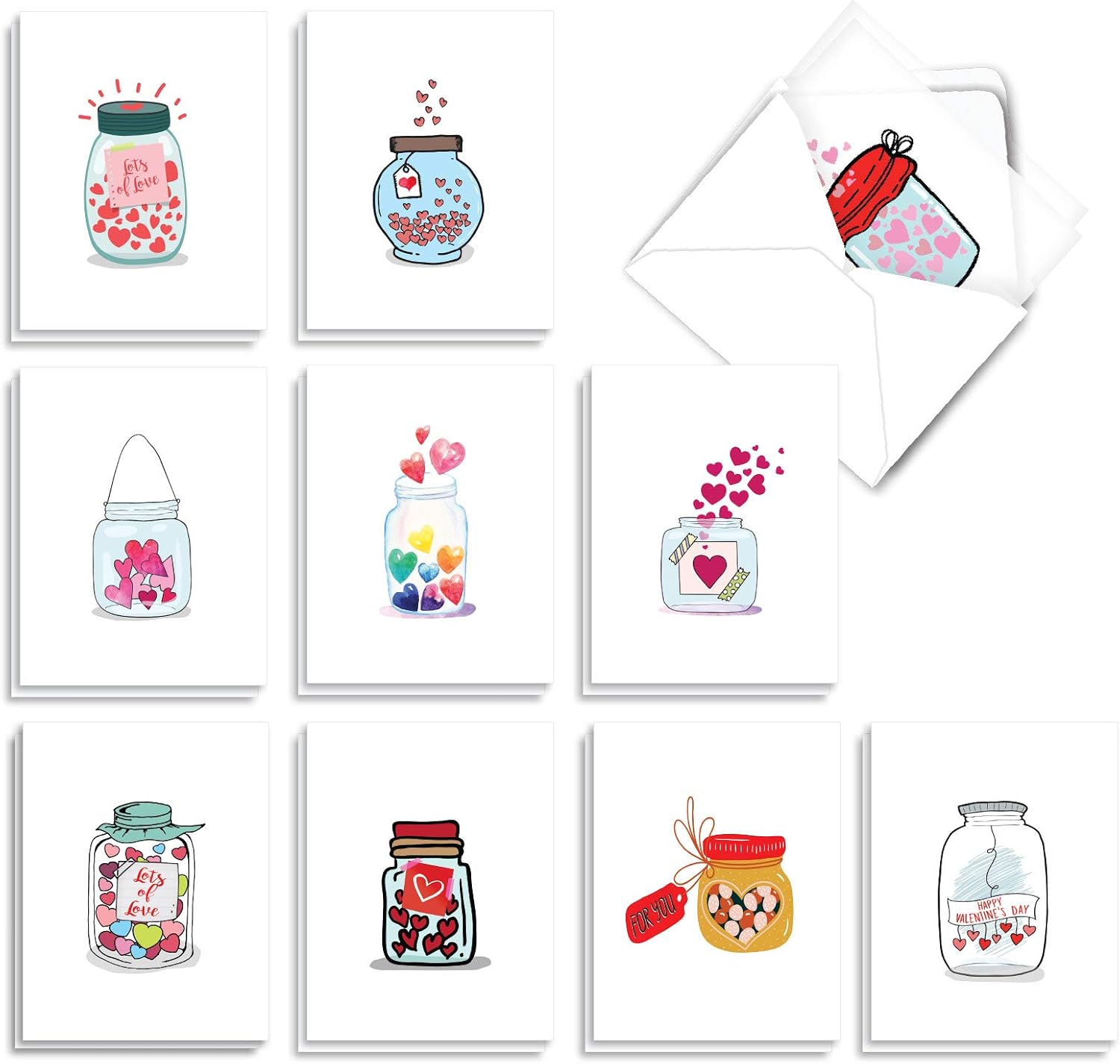 The Best Card Company - 20 Cute Boxed Cards (4 x 5.12 Inch) - Assorted Blank Set (10 Designs, 2 Each) - Love Jar AM3183OCB-B2x10