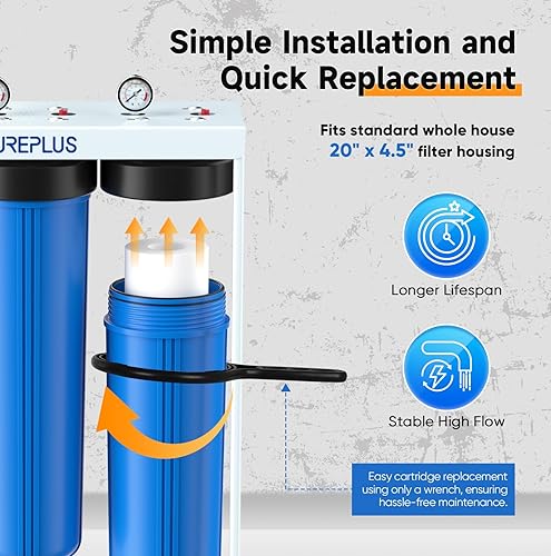 Miniatura 6 de PUREPLUS Filtro de agua de 3 etapas para toda la casa de 20 pulgadas, sistema de filtración para el hogar  Sedimentos, carbón activado granular,