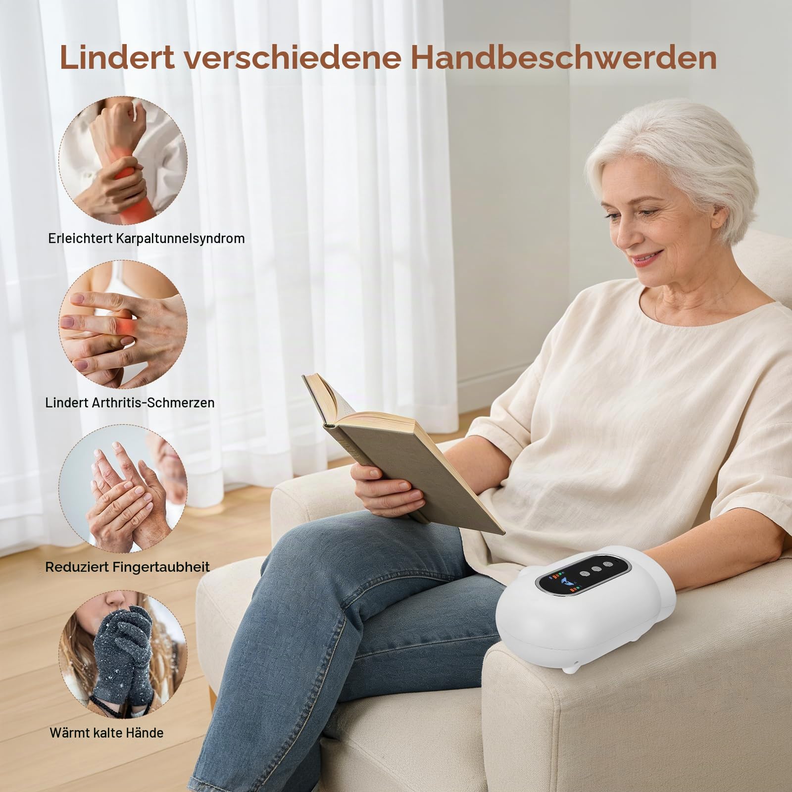 Handmassagegerät mit Wärme- und Kompressionsfunktion, kabelloses Massagegerät für Arthritis und Karpaltunnelsyndrom, lindert Schmerzen in Handgelenk und Fingern