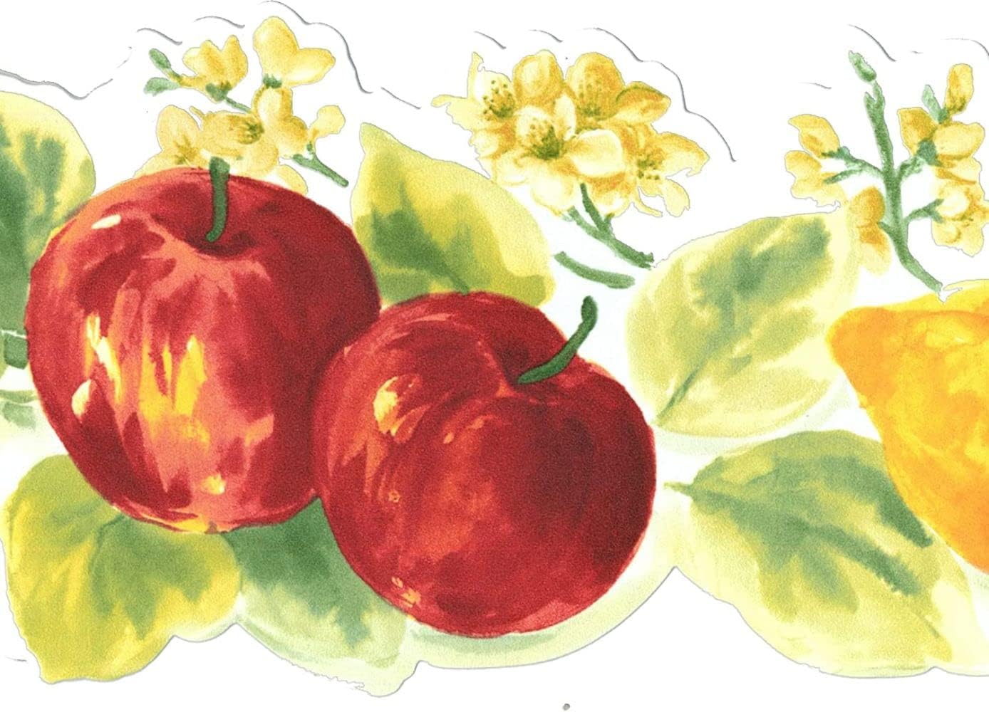 CONCORD WALLCOVERINGS ™ Wallpaper Border Kitchen Pattern Apples for Dining Area Kitchen Farm Store, Red Green Yellow White, 6.25 Inches by 15 Feet BP007154B