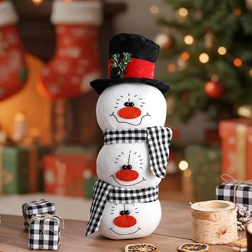 Hahafelt Winter Snowman Tabletop Decoration Stacked Snowman Plush with Hat and Scarf Christmas Snow Man Figurines Table Centerpieces for Winter Holiday Tiered Tray Fireplace Tabletop Decor