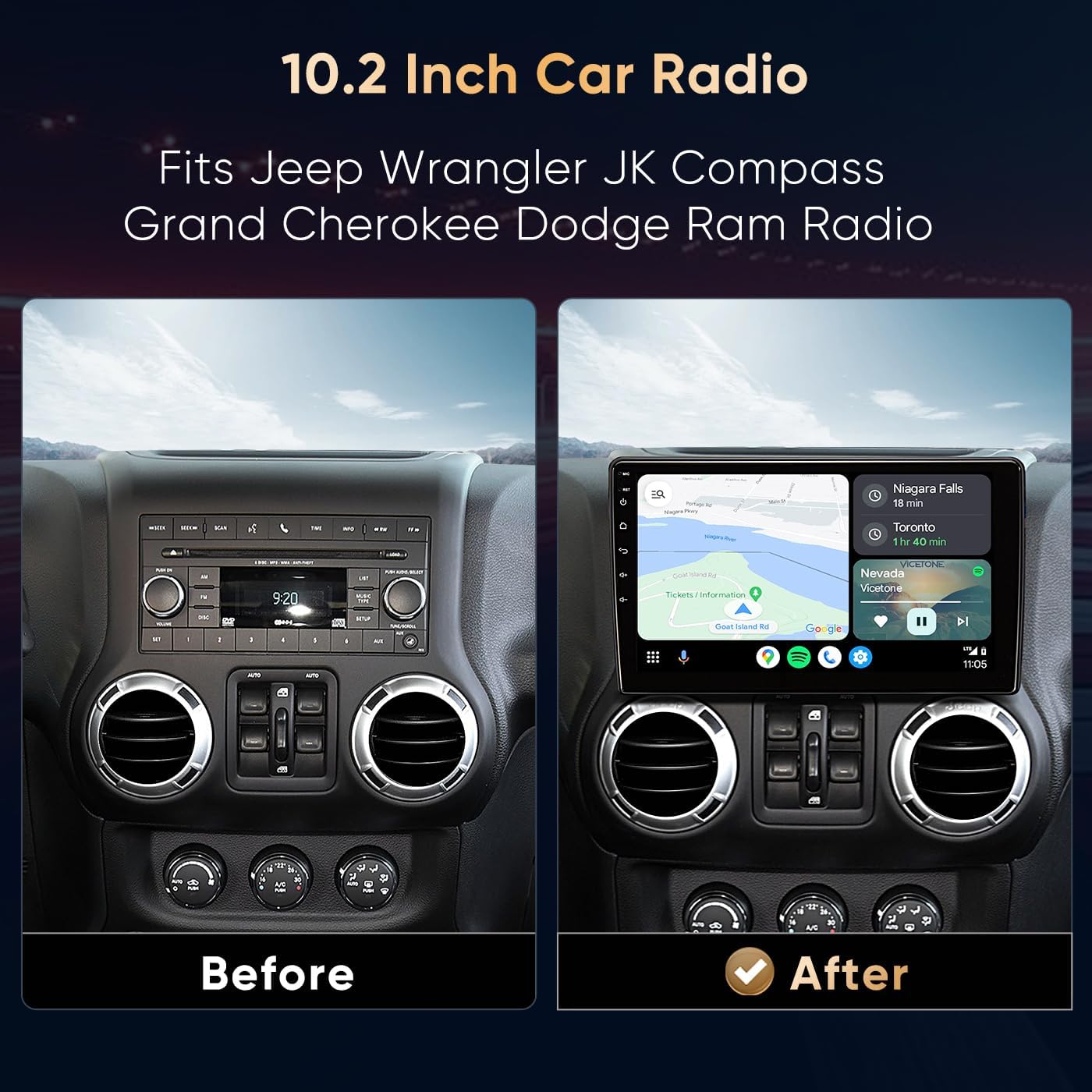 Car Radio Stereo for Jeep Wrangler JK 2007 2008 2009 2010 2011 2012 2013 2014 2015 2016 2017 2018, 10" Android Head Unit, Wireless CarPlay, Android Auto, GPS, Bluetooth, SWC, Backup Camera