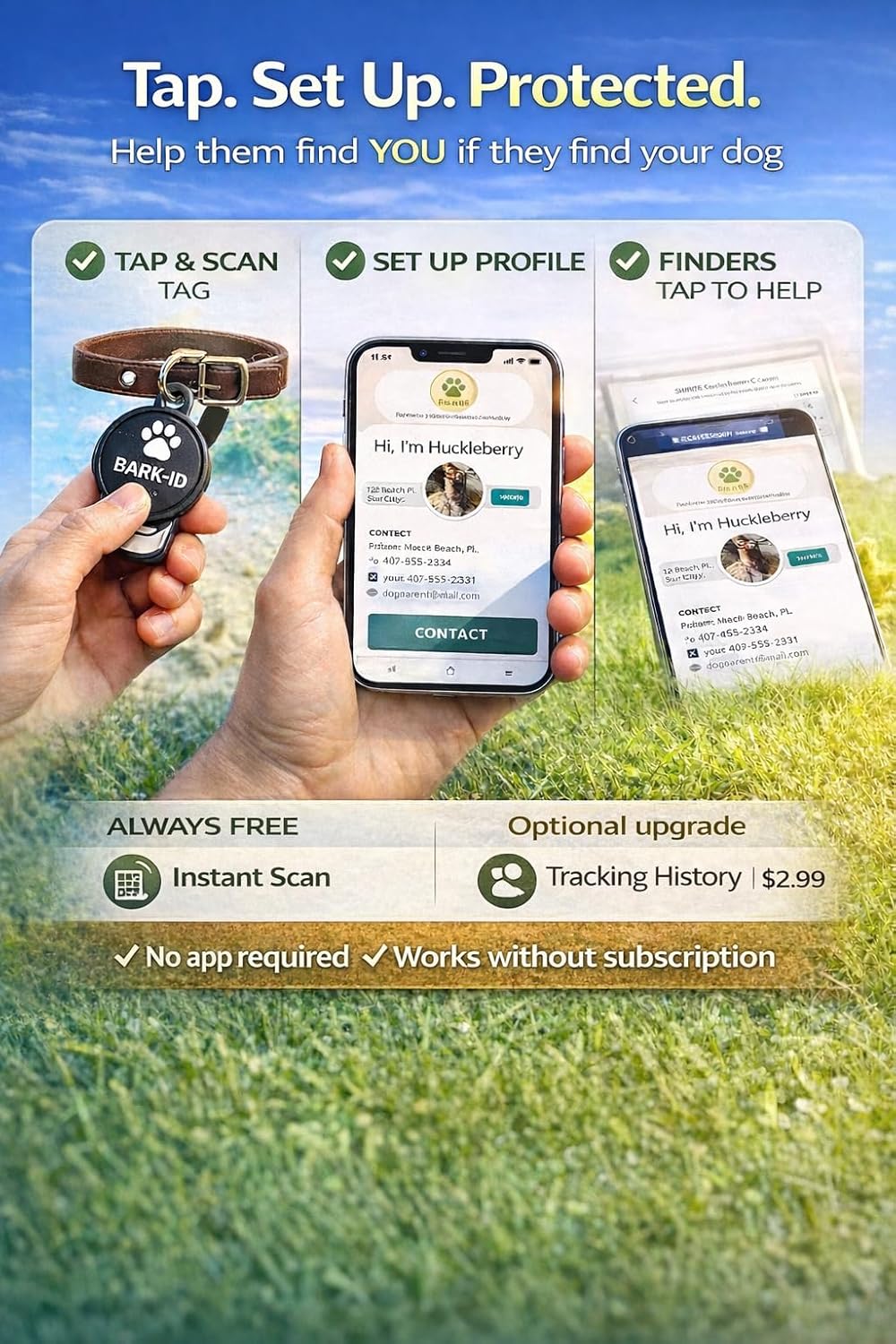 Digital Dog ID Tag – No Subscription Required for Basic Use, Tap to View Pet Profile, No App Needed, Waterproof Smart Tag