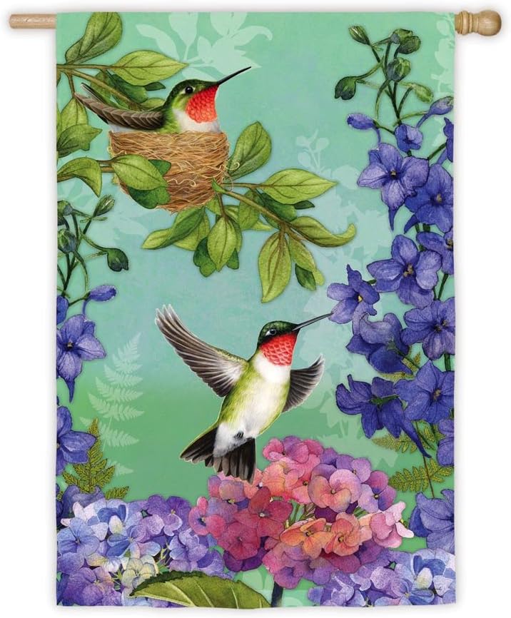 Flying Hummingbird Nest and Flowers House Flag