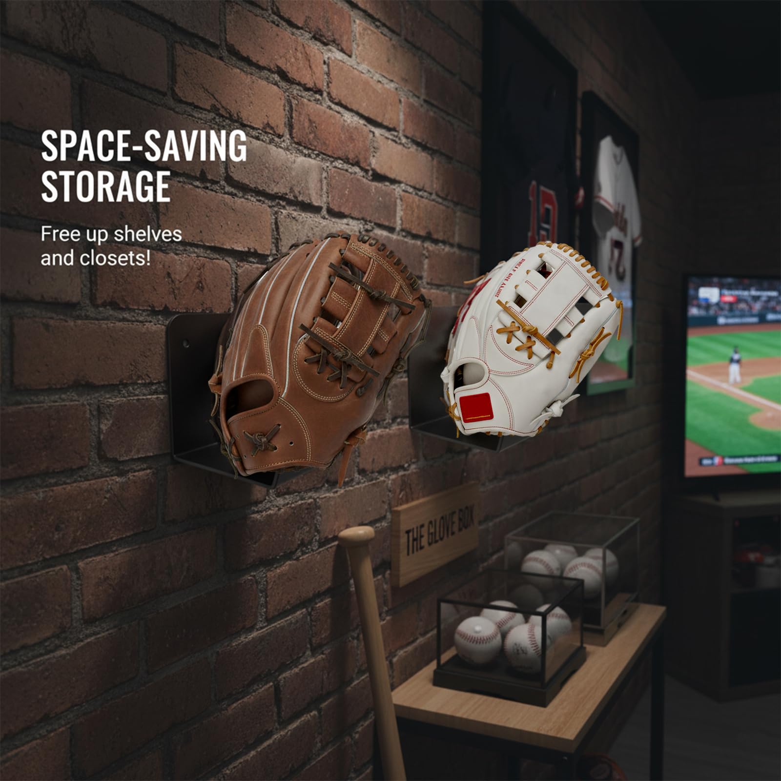 Lot de 2 supports muraux en métal pour gants de baseball [flottant invisible pour garder la forme du gant] [pas de perçage] [Rangement peu encombrant] Décoration sportive pour chambre à coucher ou