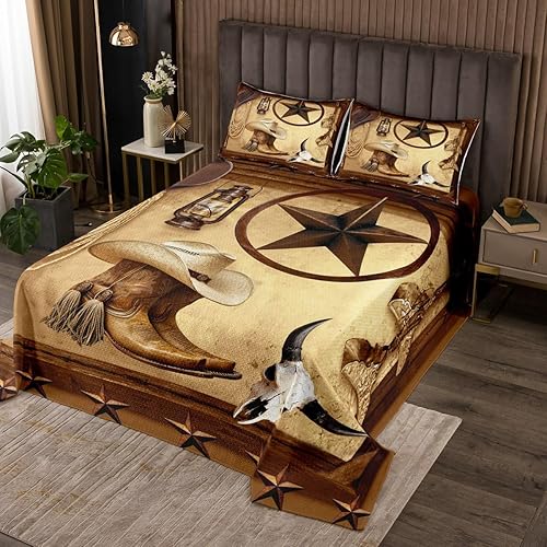 Feelyou Colcha de vaquero occidental, tamaño King, diseño rústico de Texas Star con botas de vaquero, colcha acolchada para niños pequeños, diseño
