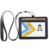 Teskyer Badge Holder with Lanyard, Leather ID Name Badge Card Holder with Lanyard for ID Badges, Horizontal Black