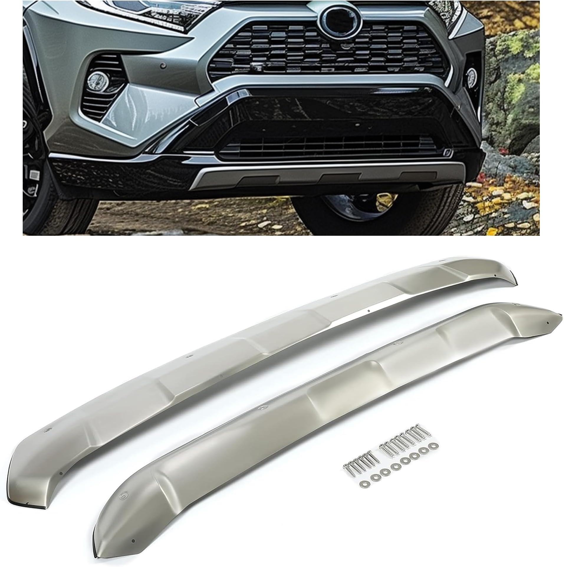KUAFU Front & Rear Bumper Board Lower Valance Compatible with 2019-2023 Toyota RAV4 RAV-4 Lower Air Dam Deflector Valance Cover Panel Skid Plate Board Guard Protector Silvery 2Pcs