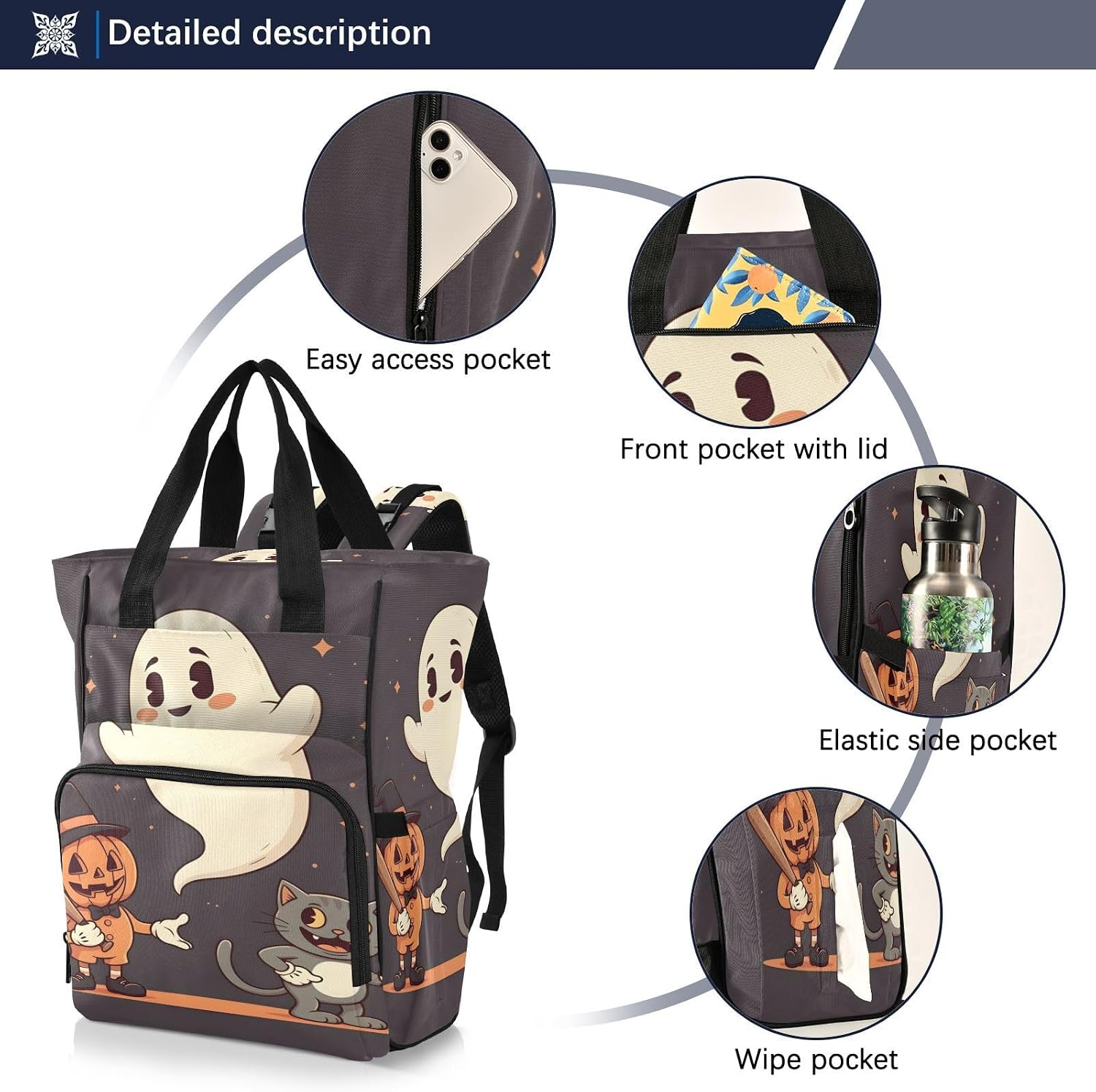 Diaper Bag Backpack, Cartoon Halloween Baby Diaper Bag - Waterproof Multifunction Travel Diaper Bag with Pacifier Case, Stroller Straps & Insulated Pocket - Unisex