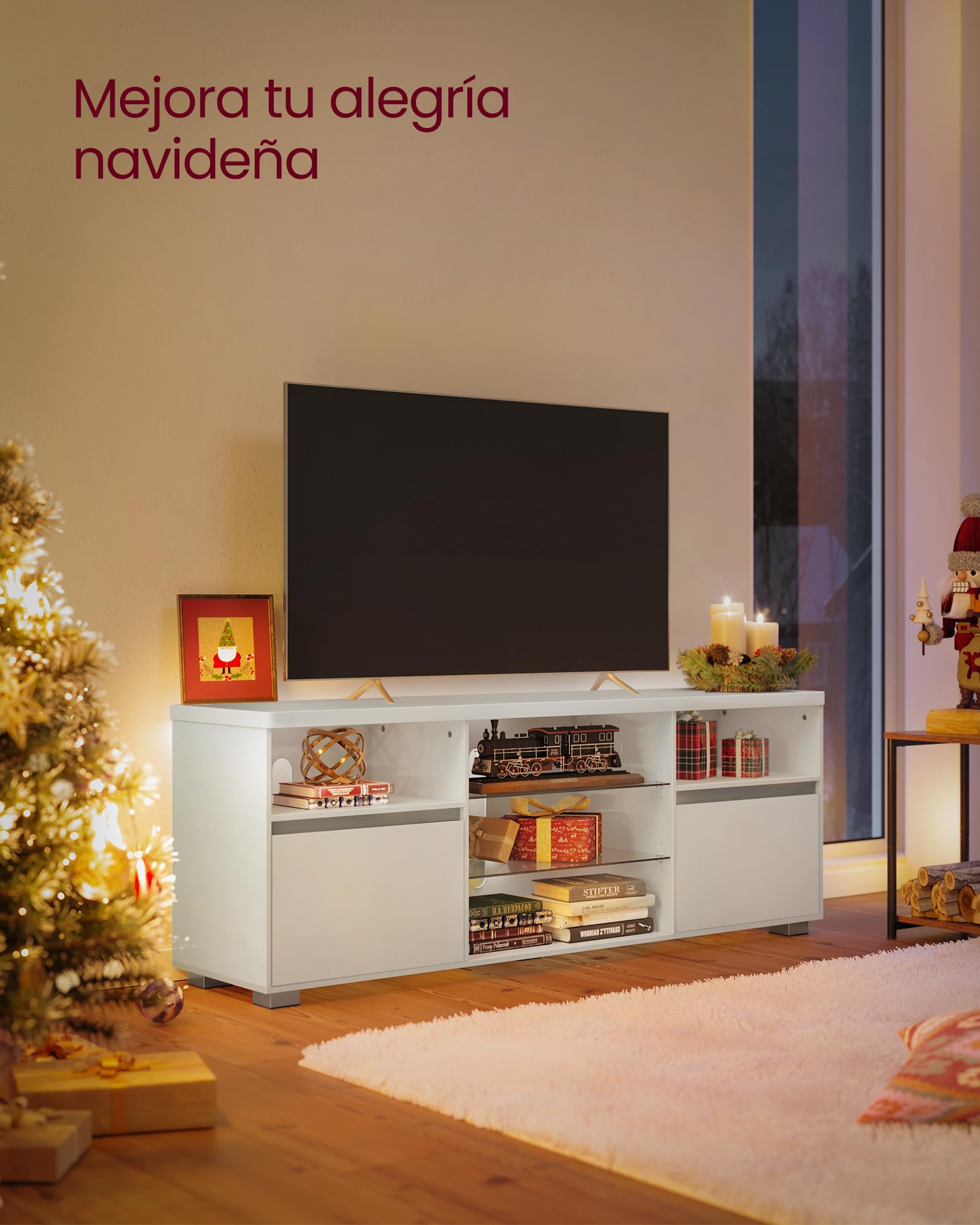 VASAGLE Kailyn Colección - Mueble de TV con LED, para Televisores hasta 70 Pulgadas, con Estantes Abiertos de Cristal, 2 Armarios con Puertas, 160 cm, Salón, Dormitorio, Blanco LTV331T10