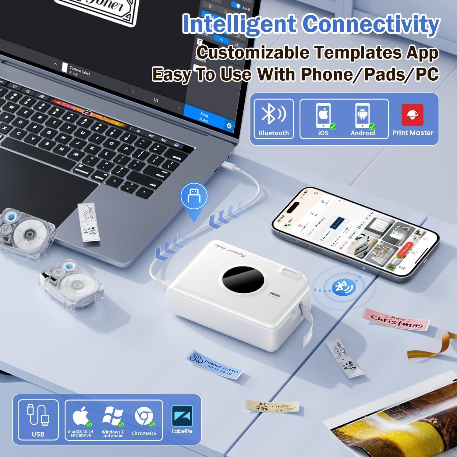Phomemo A30 connectivity with laptop, phone, and Print Master app