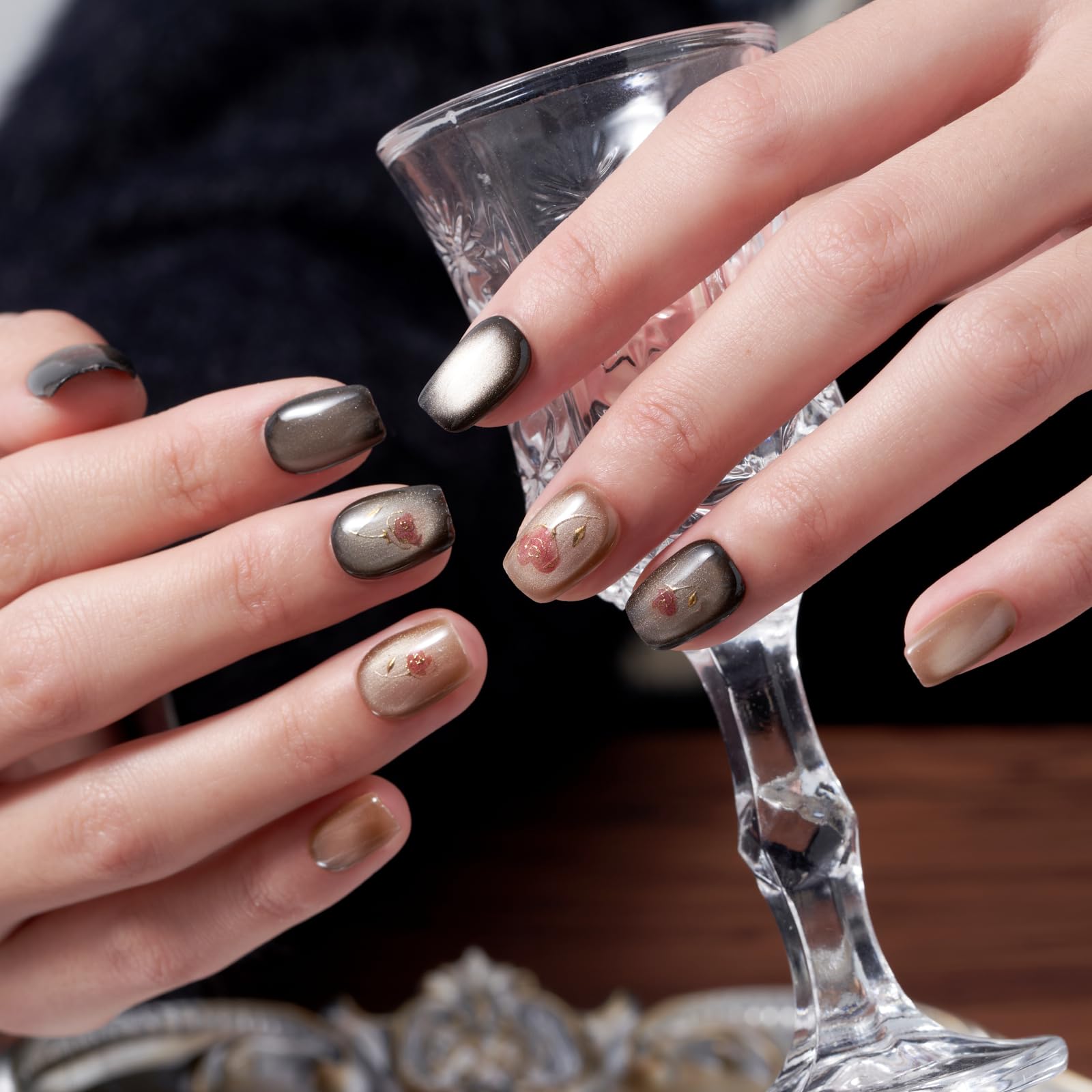 Cat Eye Press on Nails Square,Wooyas Brown Short Oval Handmade False Nails,Reusable Salon Perfect Fake Nail Kit - 24 Pcs Soft Gel Glue On Nails Kit