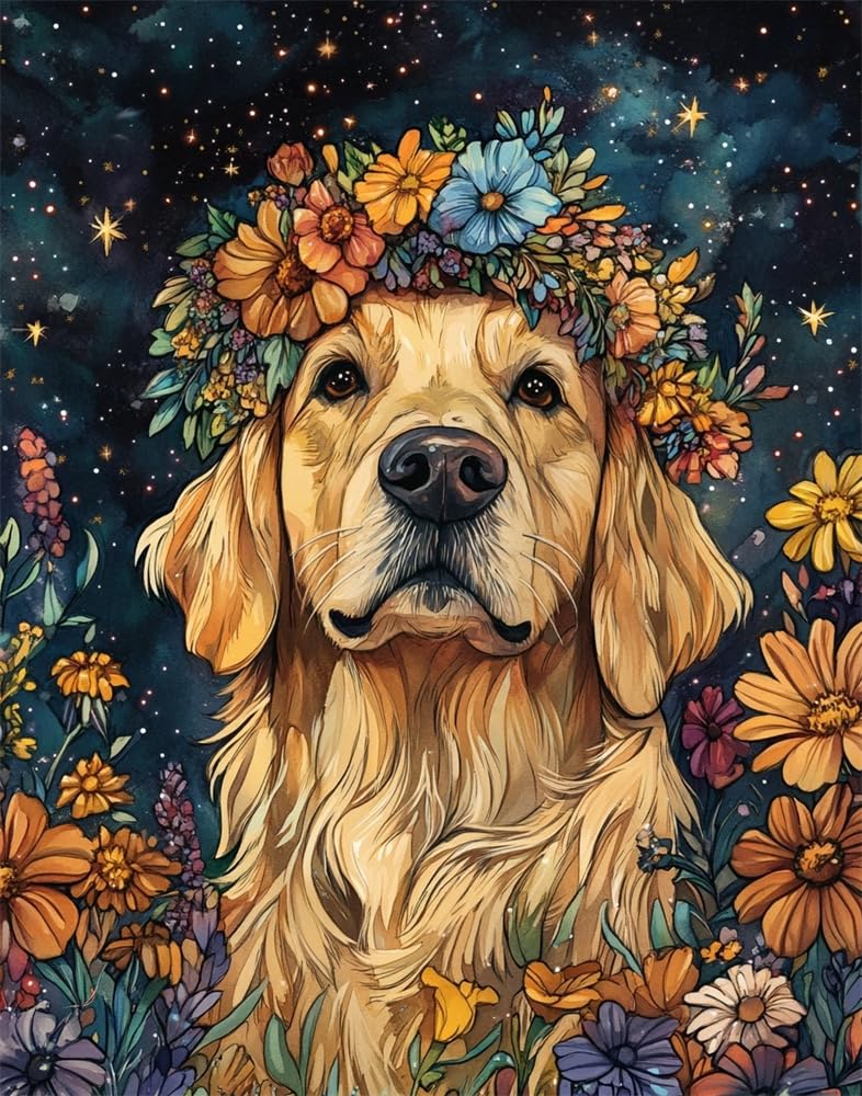 Henypt Stamped Cross Stitch Kits -Dog Wearing A Floral-Wreath Hat Colorful Printed Easy Pattern Needlepoint Kits Embroidery Crafts for Adults Beginners Gift