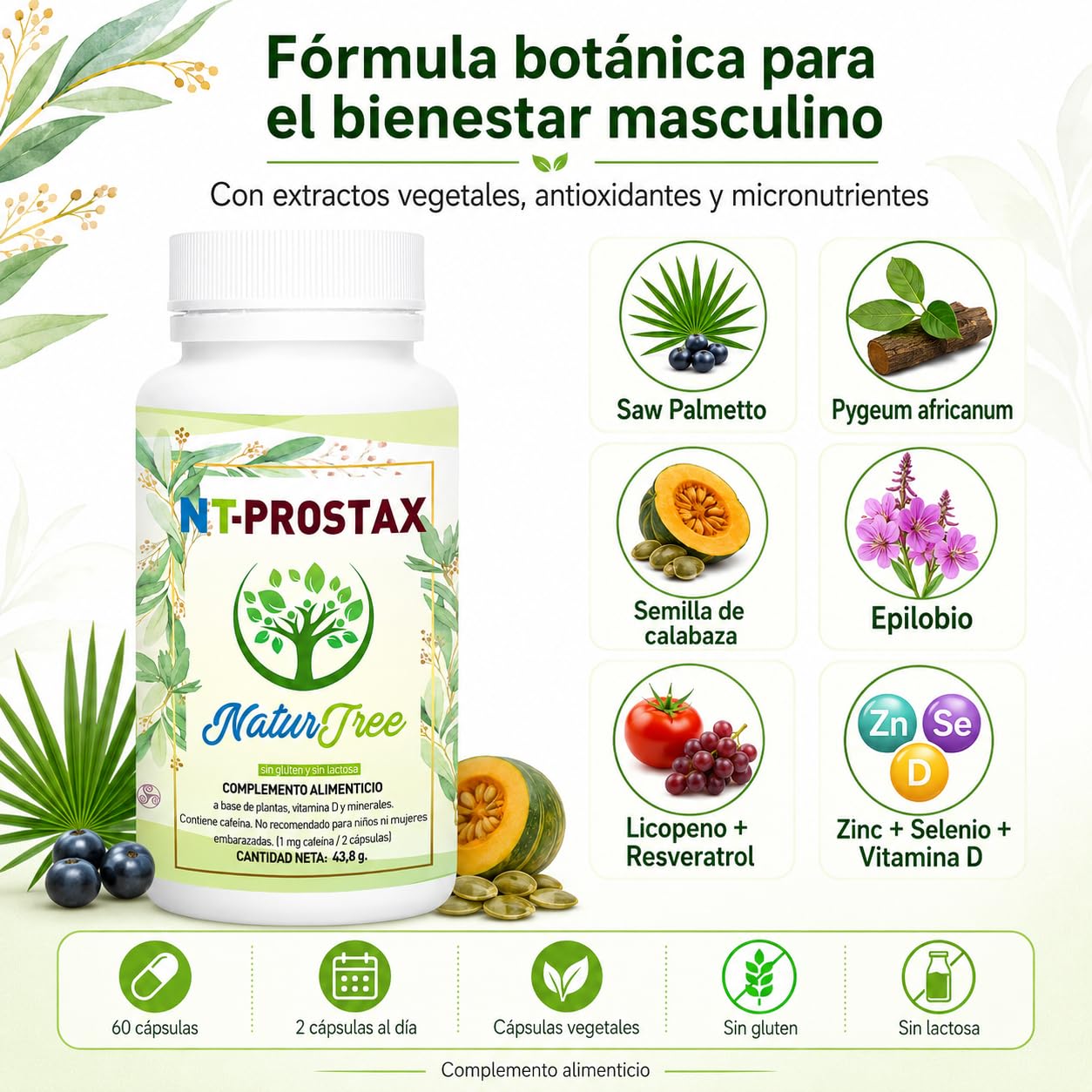 NT-Prostax | Saw Palmetto, Pygeum y Epilobio | Próstata 60 caps | Zinc, selenio, ortiga, calabaza y extractos vegetales para hombres adultos 40+