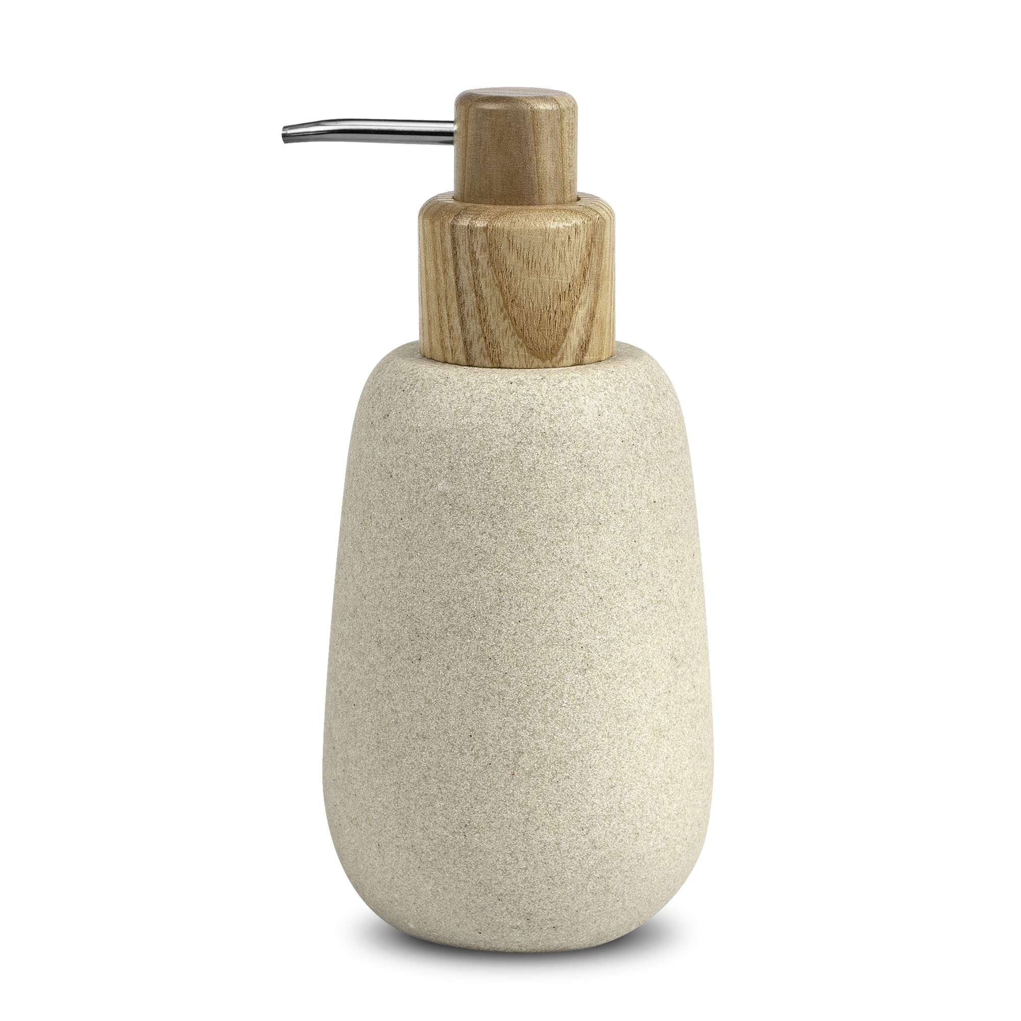 Dispensador jabón líquido | Serie Forest | Poliresina | 320ml | para baño, Cocina, Ducha | 8.2Ø x 18cm de Alto (Beige)