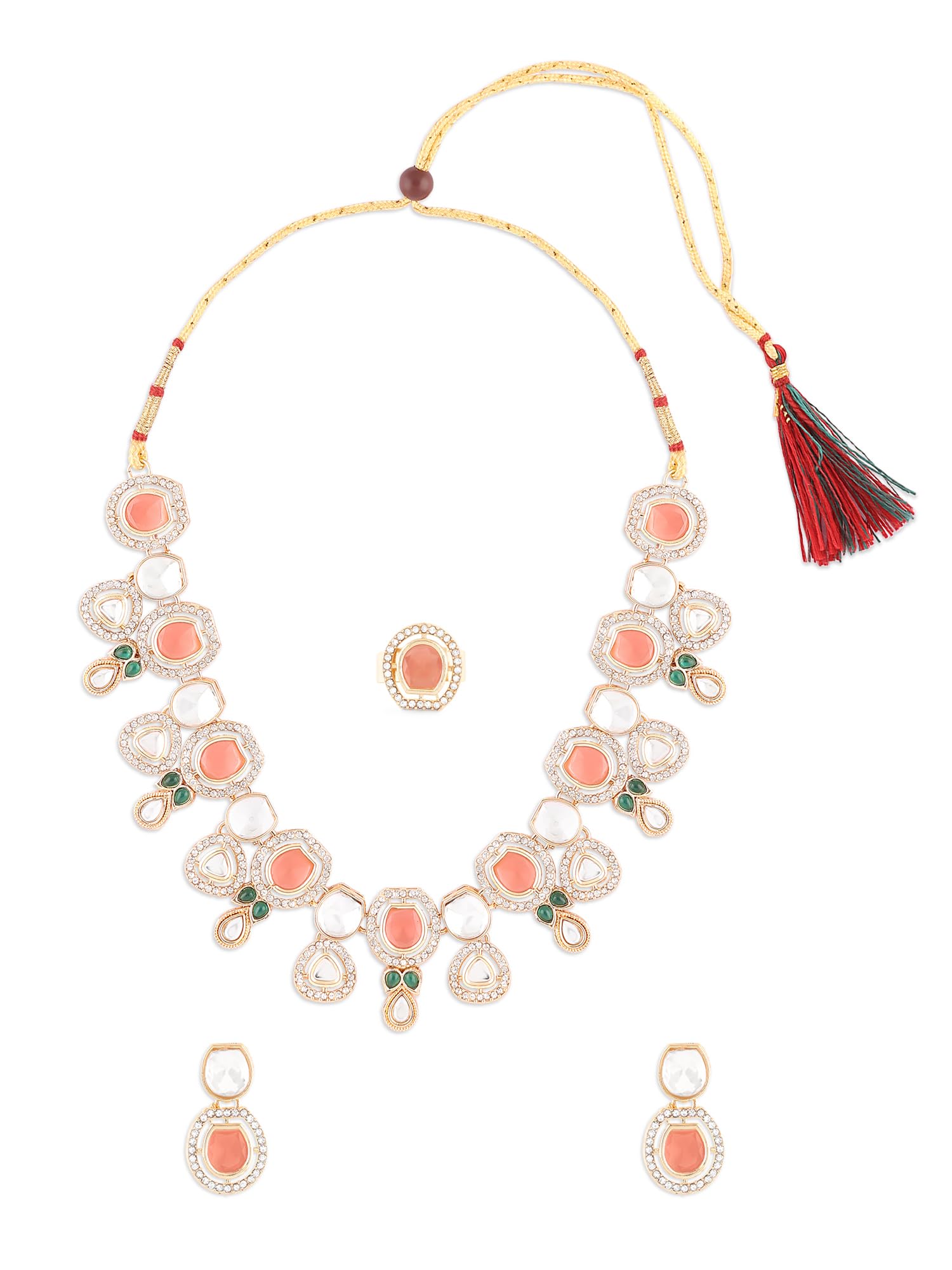 ZAVERI PEARLS Peach Green Stones Austrian Diamonds Choker Necklace Earring & Ring Set For Women-ZPFK17281 (B0CTF5J2YV) Amazon Price History, Amazon Price Tracker