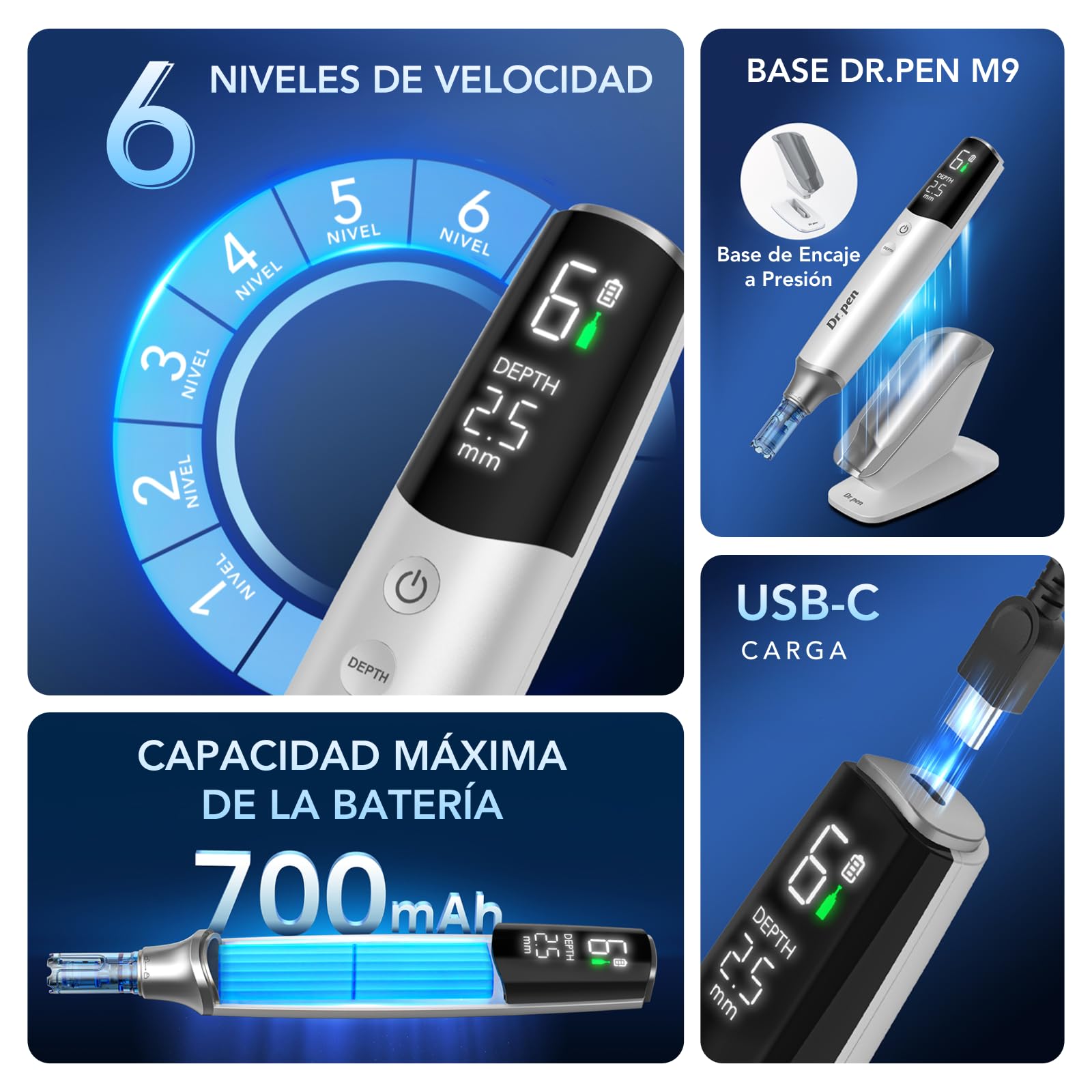 Dr.pen Ultima M9 Inalámbrico Microneedling Rostro y Cuero Cabelludo - Versión 2026: Ajuste con 1 Botón, Chip Inteligente Antifalsificación, Carga USB-C, para Casa o Salón, Gran Regalo para Mujeres