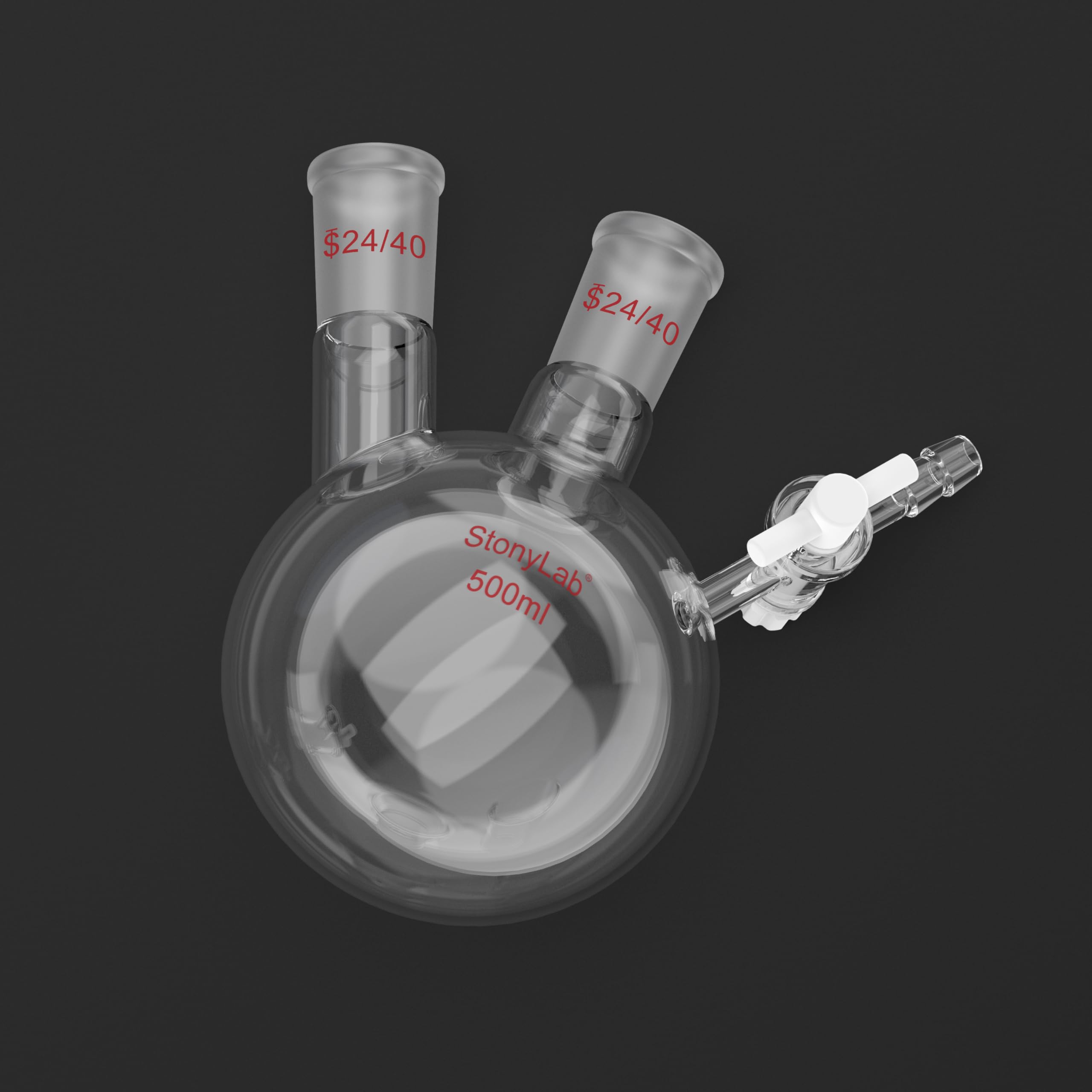stonylab Fiole de Réaction à 2 Cols, Récipient à Fond Rond avec Robinet à Boisseau PTFE et Joints 24/40, pour Réactions de Laboratoire (500 mL Capacité)