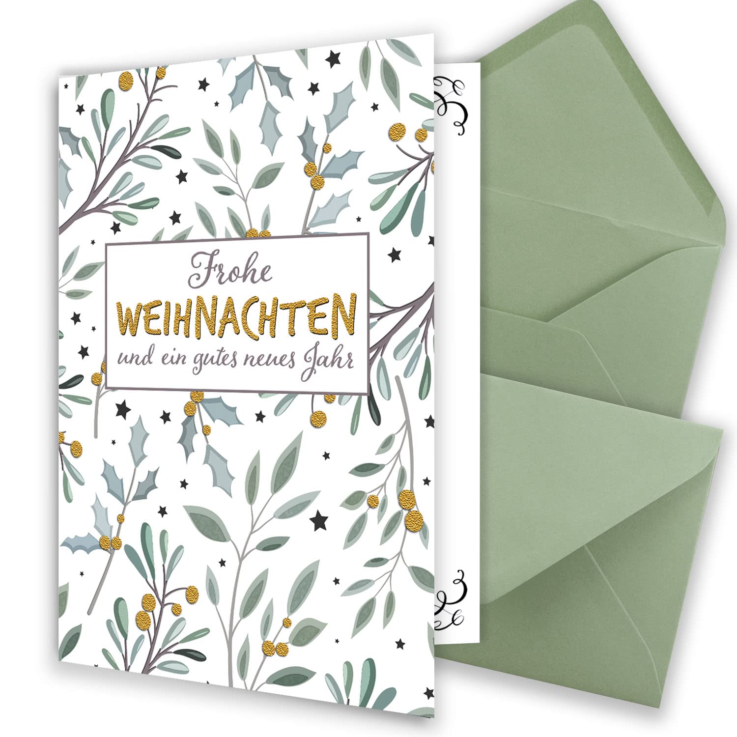 Set de 200 tarjetas de Navidad pequeñas DIN A7 en color blanco con ramas de muérdago y eucalipto – tarjetas plegables con sobres a juego DIN C7 eucalipto con adhesivo húmedo – saludos de Navidad para
