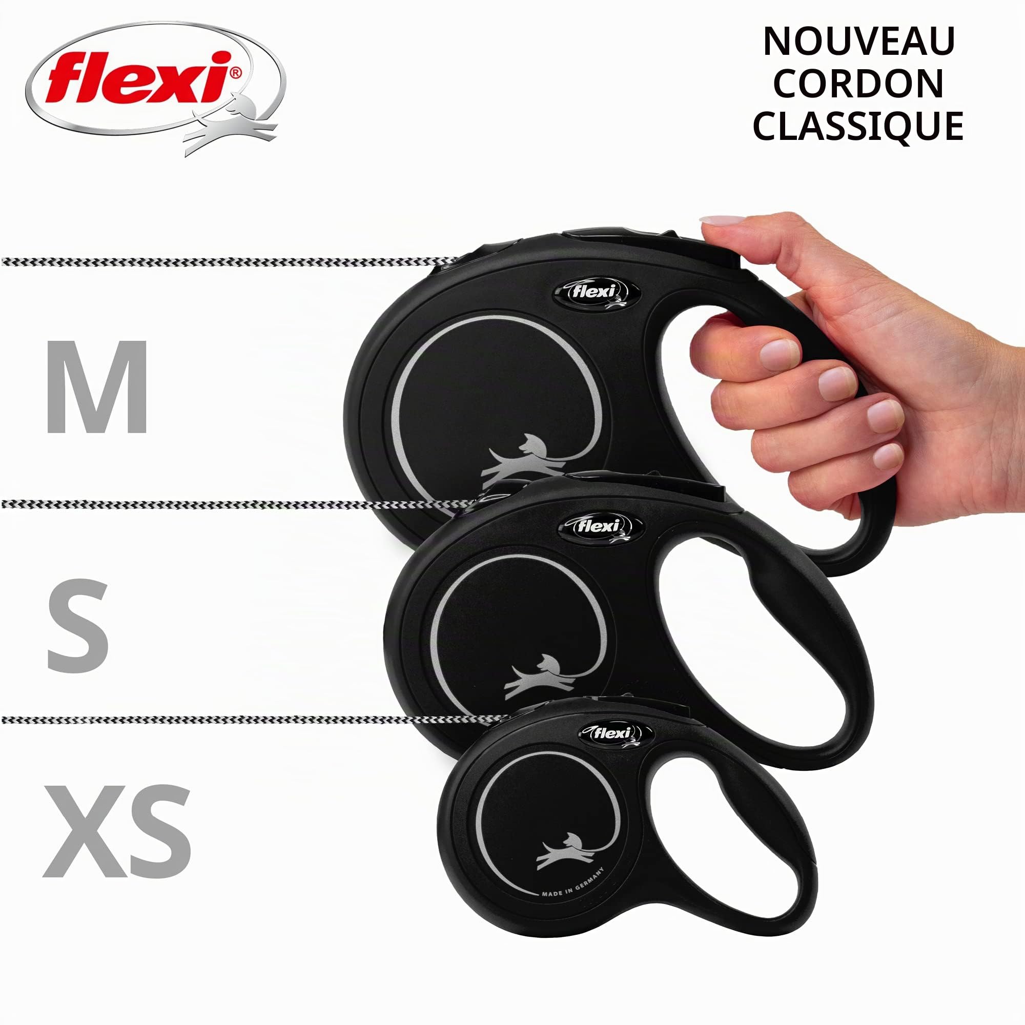 flexi® Classic S | Laisse rétractable à cordon de 8 m pour chiens jusqu'à 12 kg | Noir | laisse à enrouleur pour chien | Poids : 230 g | Dimensions : 10,3 x 16,8 cm
