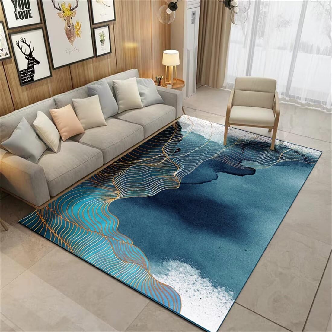 Tapis sol gamer chambre garçon décoration courbe aquarelle bleue 70x140