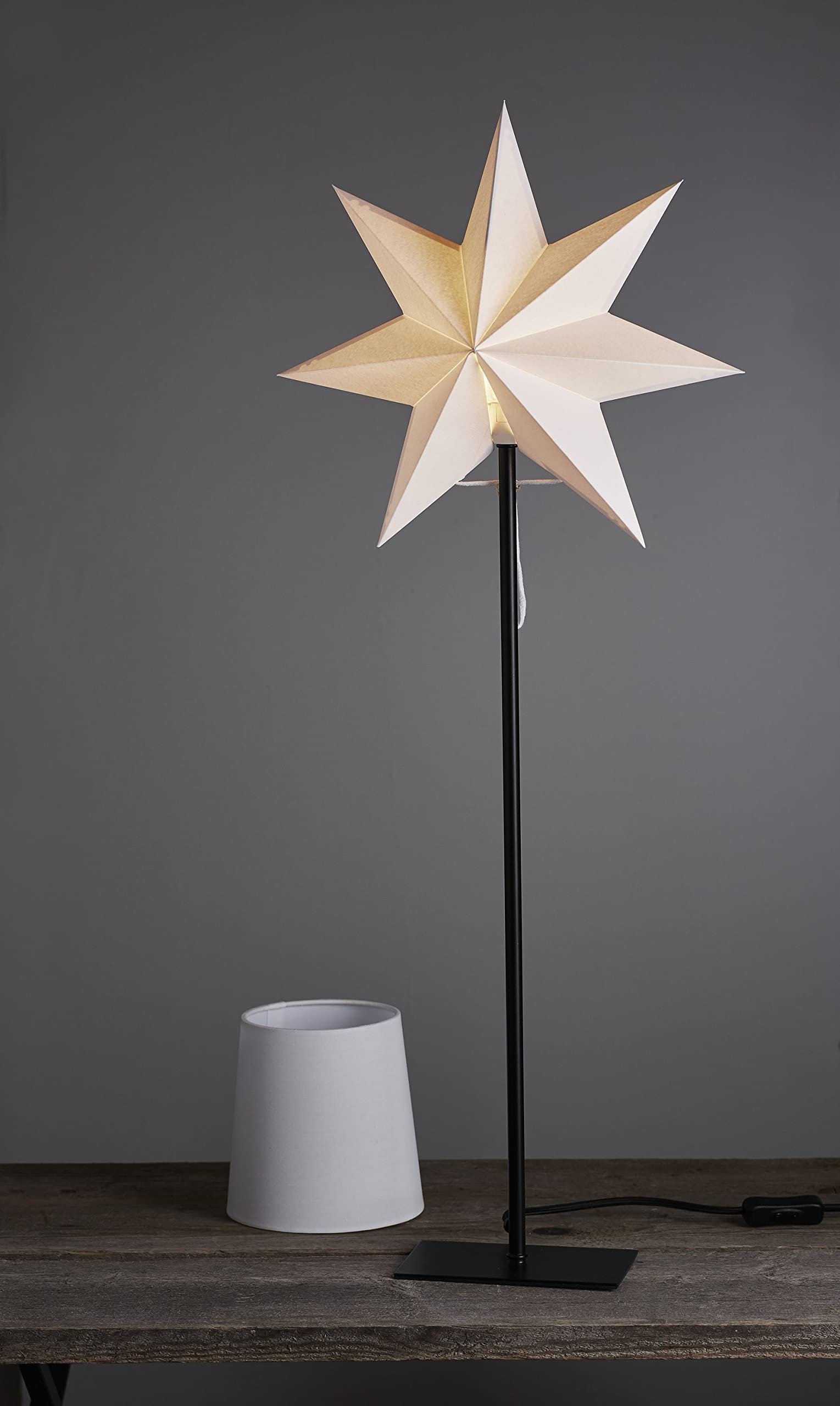 Stehlampe mit Wechselschirm Frozen von Star Trading, 3D Papierstern Weihnachten oder runder Lampenschirm in Weiß, Dekostern Stehleuchte mit Kabelschalter, E14, Höhe: 85 cm