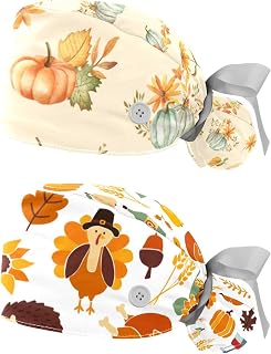 2 PCS Thanksgiving Pumpkin Scrub Cap with Ponytail Pouch Adjustable Bouffant Surgical Hat Nursing Cap for Women