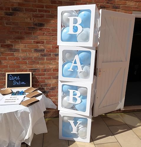 Miniatura 7 de ADOINBY - Cajas de bebé con letras para baby shower, 6 cajas blancas transparentes con letras y globos azules y blancos, cajas de globos con letras