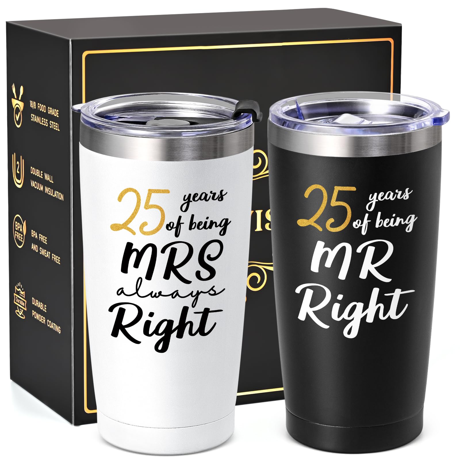 Lifecapido 25th Wedding Gifts, Couple Gifts for Parents Friends Hunsband Wife, 25th Mr Right & Mrs Always Right Tumbler Set with Lid & Straw(20oz, Black & White)