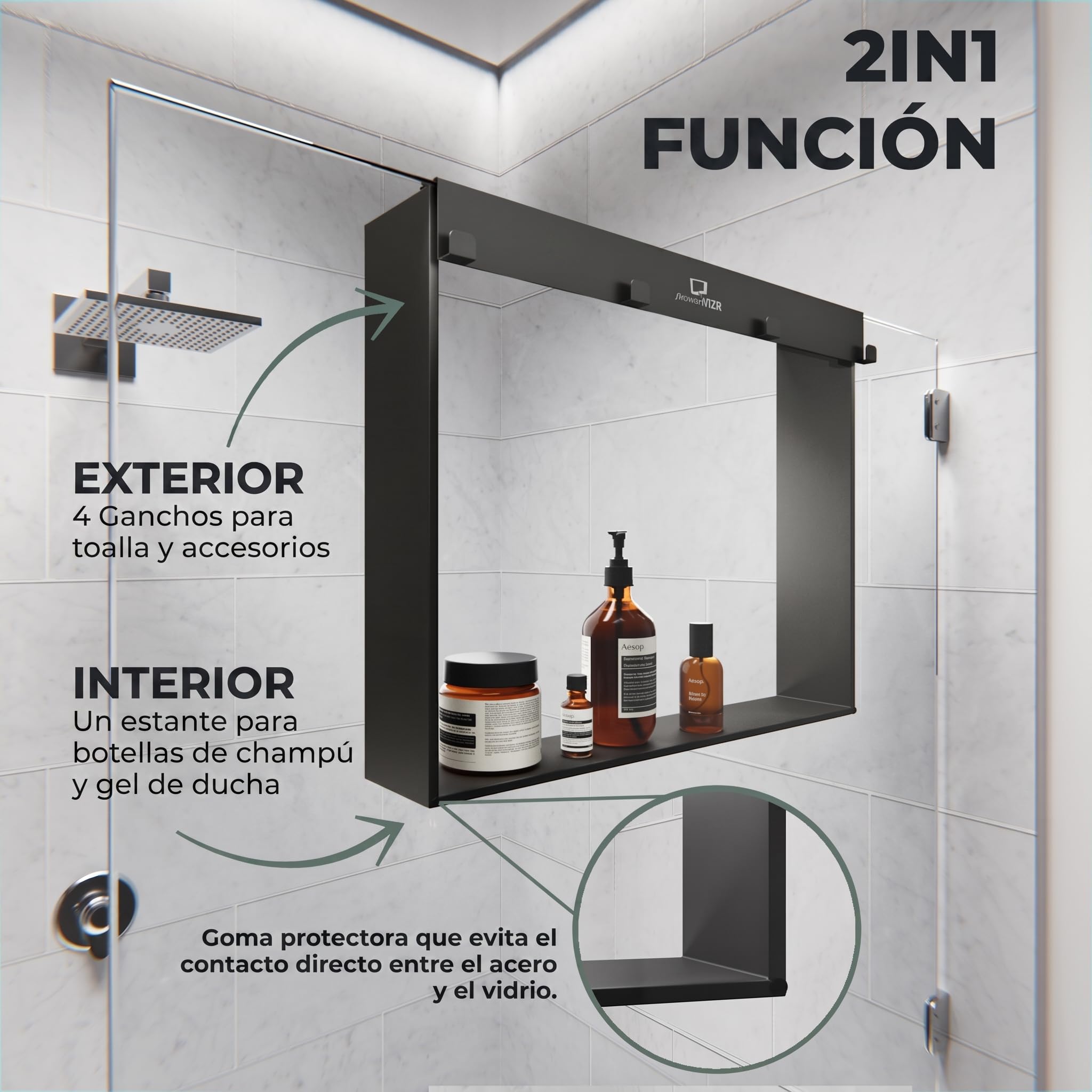 ShowerNIZR Estante de ducha Granite Grey Estante de ducha sin taladro | para colgar en mampara de vidrio de acero inoxidable con 4 ganchos orden sin obra baño sereno y limpio línea depurada