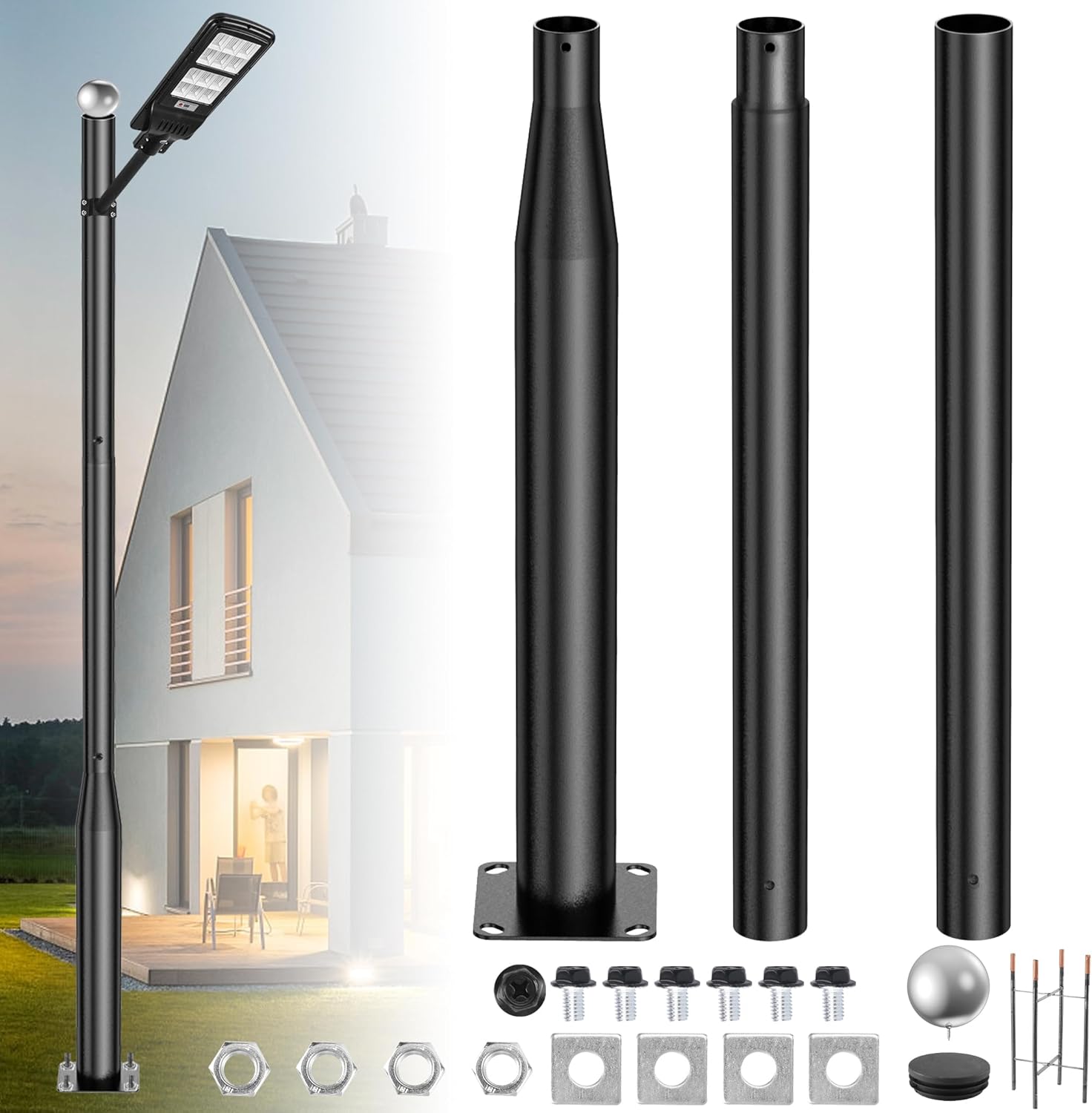 Street Light Pole 10ft Tall,Metal Street Lamp Post for Outside Solar Lights Split Poles for Light with Mounting Steel Anchors Accessory for Street,Backyard,Park,Parking,Patio,Driveway Pathway