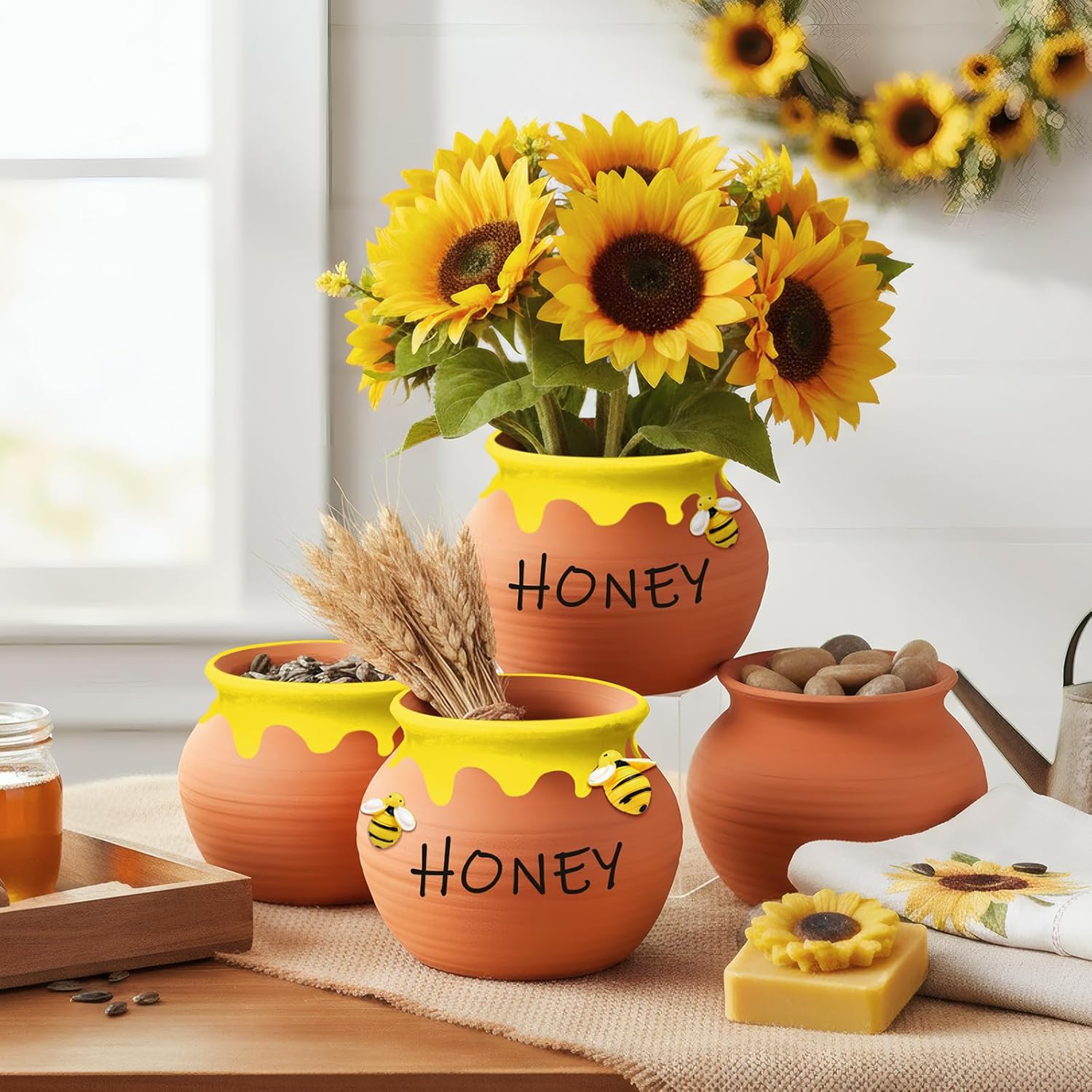 Blushtier 5 Sets Terracotta Clay Honey Pots Kits Bulk Bee Birthday Party Table Centerpieces Decorations DIY Honey Pot Jar Activity Bee Party Favors Gift for Guest (Classic)