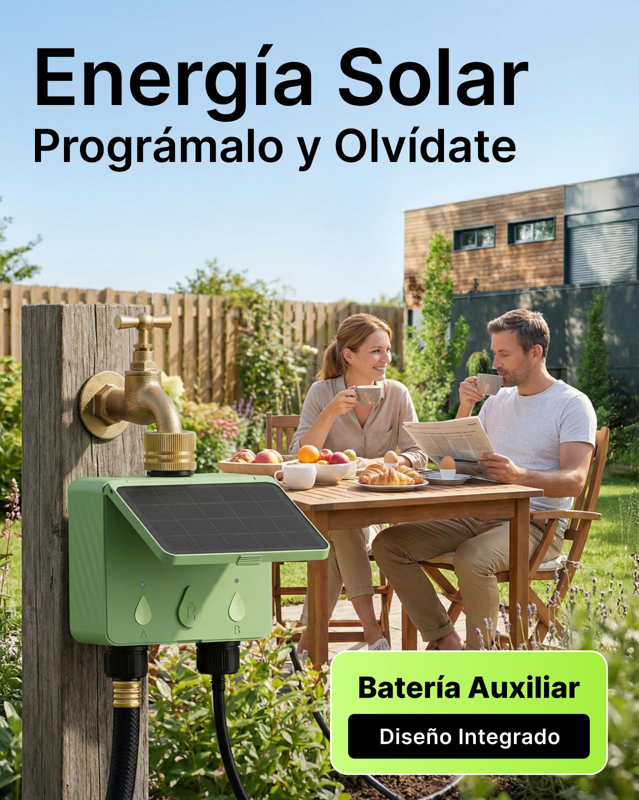 Programador Riego WiFi 2 Vías Solar, Programador de Riego Conectado con Caudalímetro, Sin Hub, Entrada de Agua de Latón, Riego Automático para Jardín (App/Alexa)