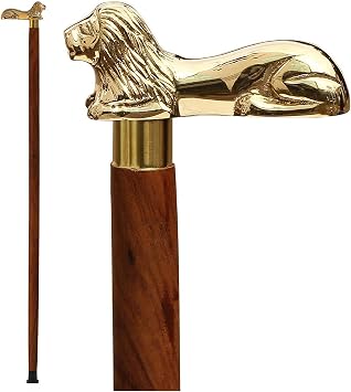 Ajuny Brass Handle Wooden Walking Stick for Men and Women - 36 inch | Antique Lion Style Vintage Handmade Solid Golden Cane Decorative Gift for Adults, Seniors, Gentlemen & Collectors
