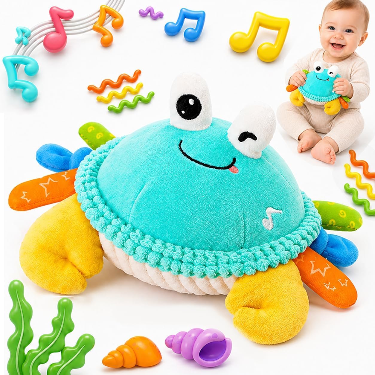 Granchio giocattolo per bambini da 6 a 18 mesi con funzione di ballo e rimbalzo - Peluche musicale per gattonare - Giocattolo per bambini a partire da 6 mesi per imparare a gattonare - Regalo