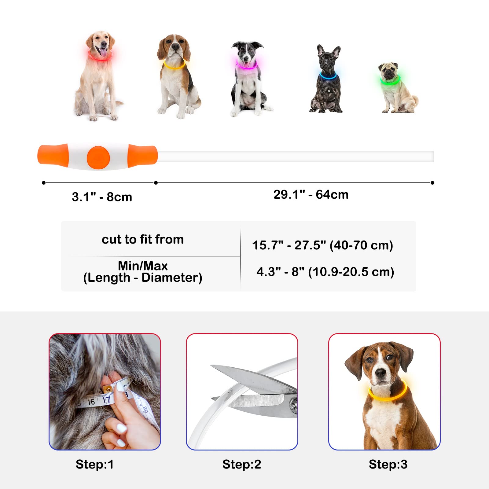 Leuchtende Hundehalsbänder, mehrfarbig, über USB wiederaufladbar, Dlitk LED-Hundehalsband, 1 Stück, TPU, schneidbare Größe, leuchtendes Halsband für Hunde, Hundehalsband für große, mittelgroße und