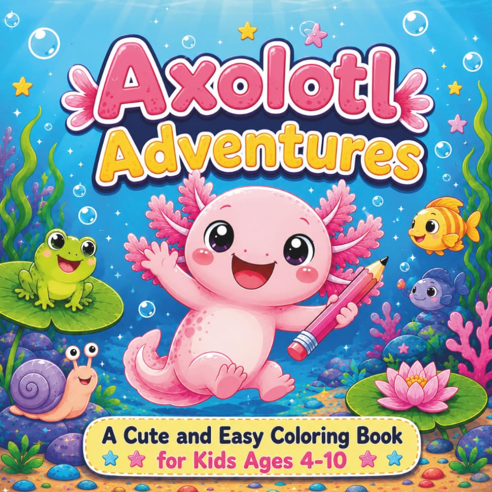 Axolotl Adventures: A Cute and Easy Coloring Book for Kids Ages 4-10: 35 Adorable Axolotls Having Fun Underwater and On Land