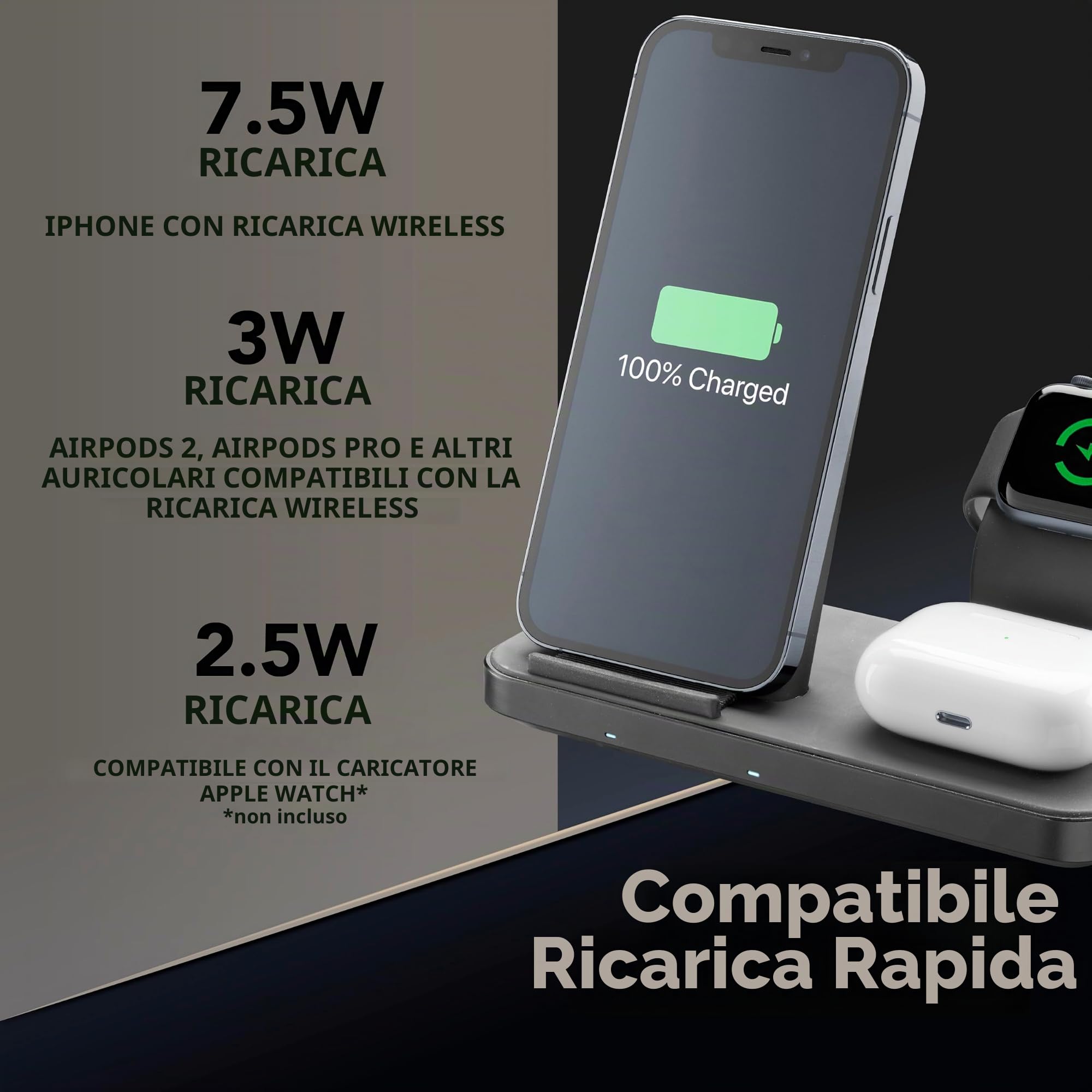 cellularline | TRIO WIRELESS CHARGER | Caricabatterie Wireless 3 in 1 per dispositivi Apple: iPhone, Apple Watch, Airpods, Nero