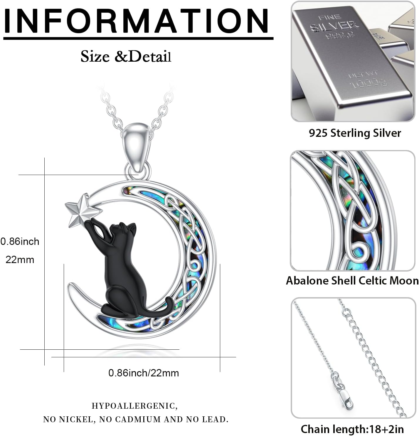 Black Cat Necklace 925 Sterling Silver Celtic Moon Abalone/Moonstone Pendant Gifts for Women - Image 4