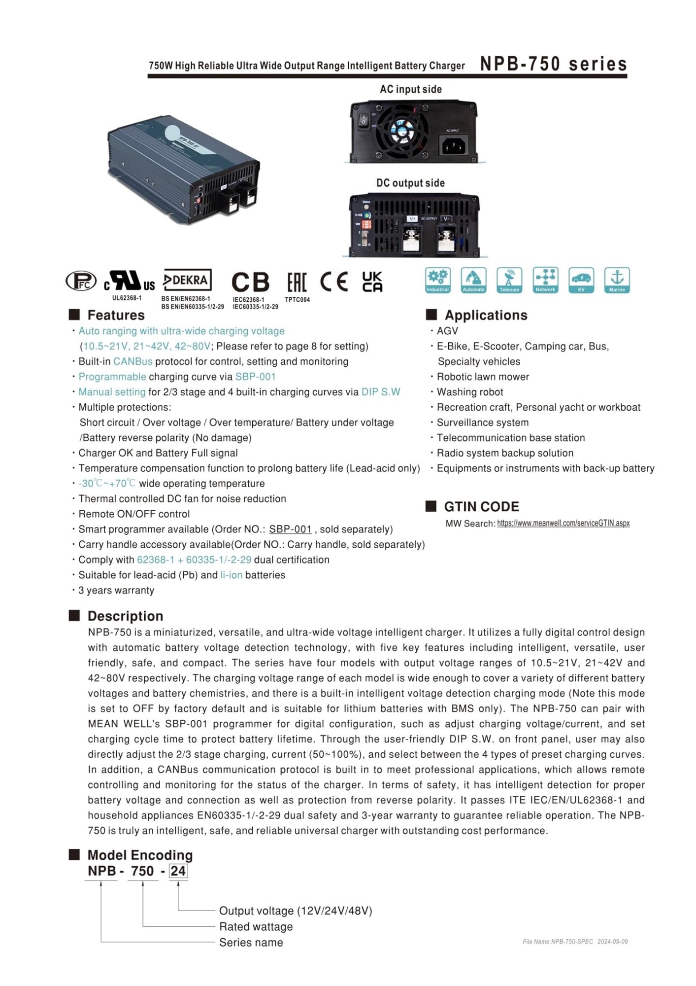 Ładowarka akumulatorów z zasięgiem wyjściowym 750 W NPB-750-12 | 12 V NPB-750-48 NPB-750-24 | Zasilanie przełączane 24 V (NPB-750-12V)