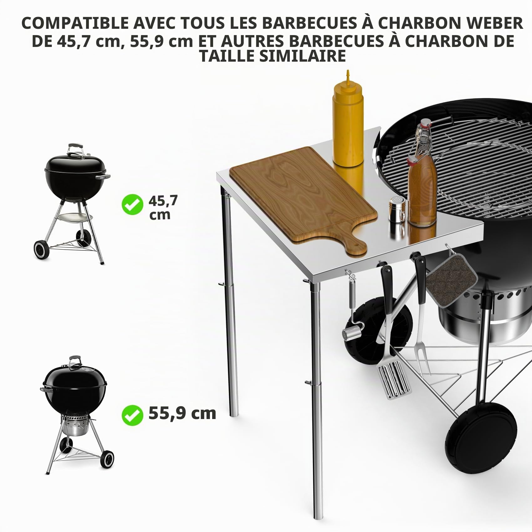 onlyfire Table de Barbecue Amovible en Acier Inoxydable pour Weber 47 cm et 57 cm - Table d'appoint en INOX - Accessoire pour Barbecue à Charbon Weber