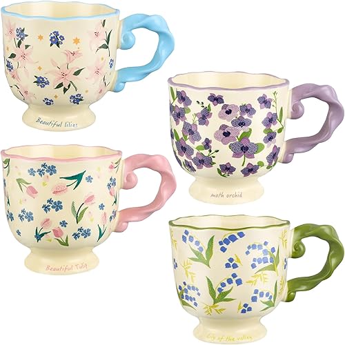 Juego de 4 tazas de café, tazas de cerámica con flores vintage de 12 onzas, tazas estéticas de porcelana para té caliente, café, sopa, latte, disponible en Yaxa Colombia