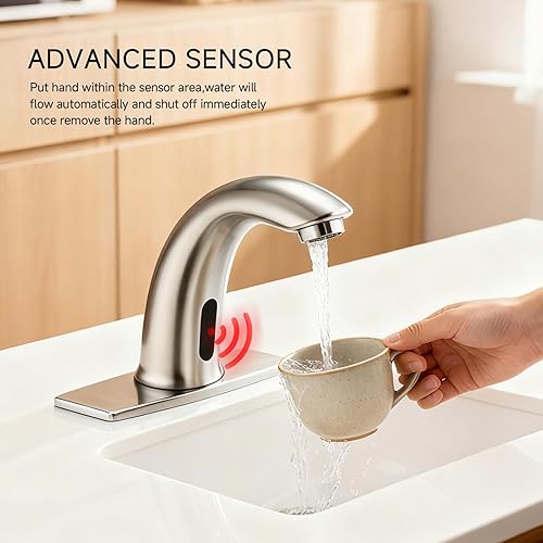 Vista 2 de Grifo de lavabo de baño sin contacto con sensor de movimiento automático, grifo de baño comercial con placa de cubierta, grifo de latón macizo de 1
