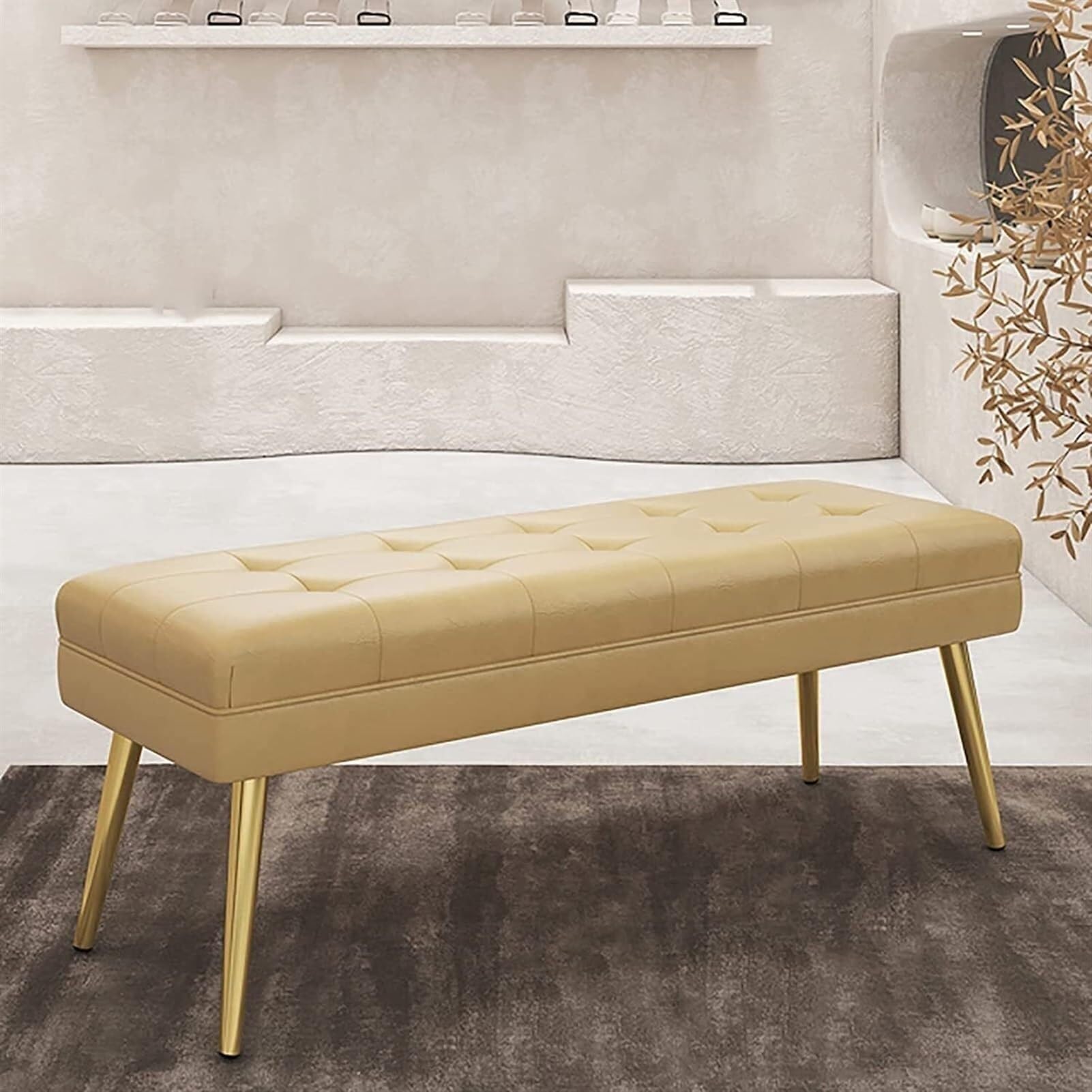 Banco de piel sintética beige de 60cm con patas de metal para dormitorio